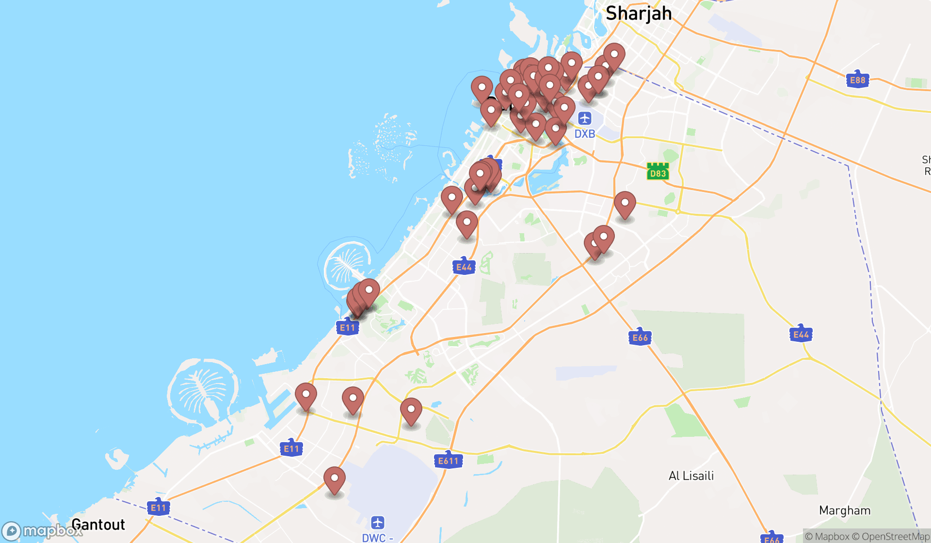 Map showing the search results in Dubai