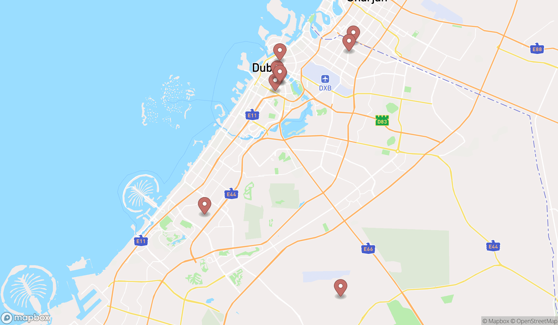 Map showing the search results in Dubai