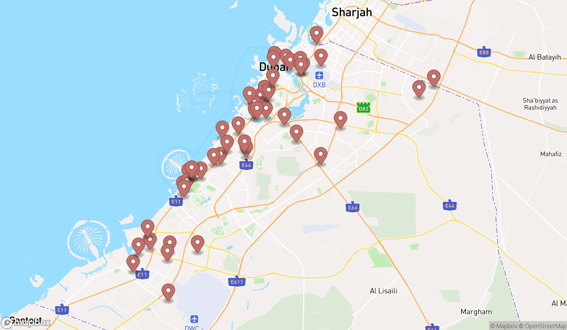 Map showing the search results in Dubai