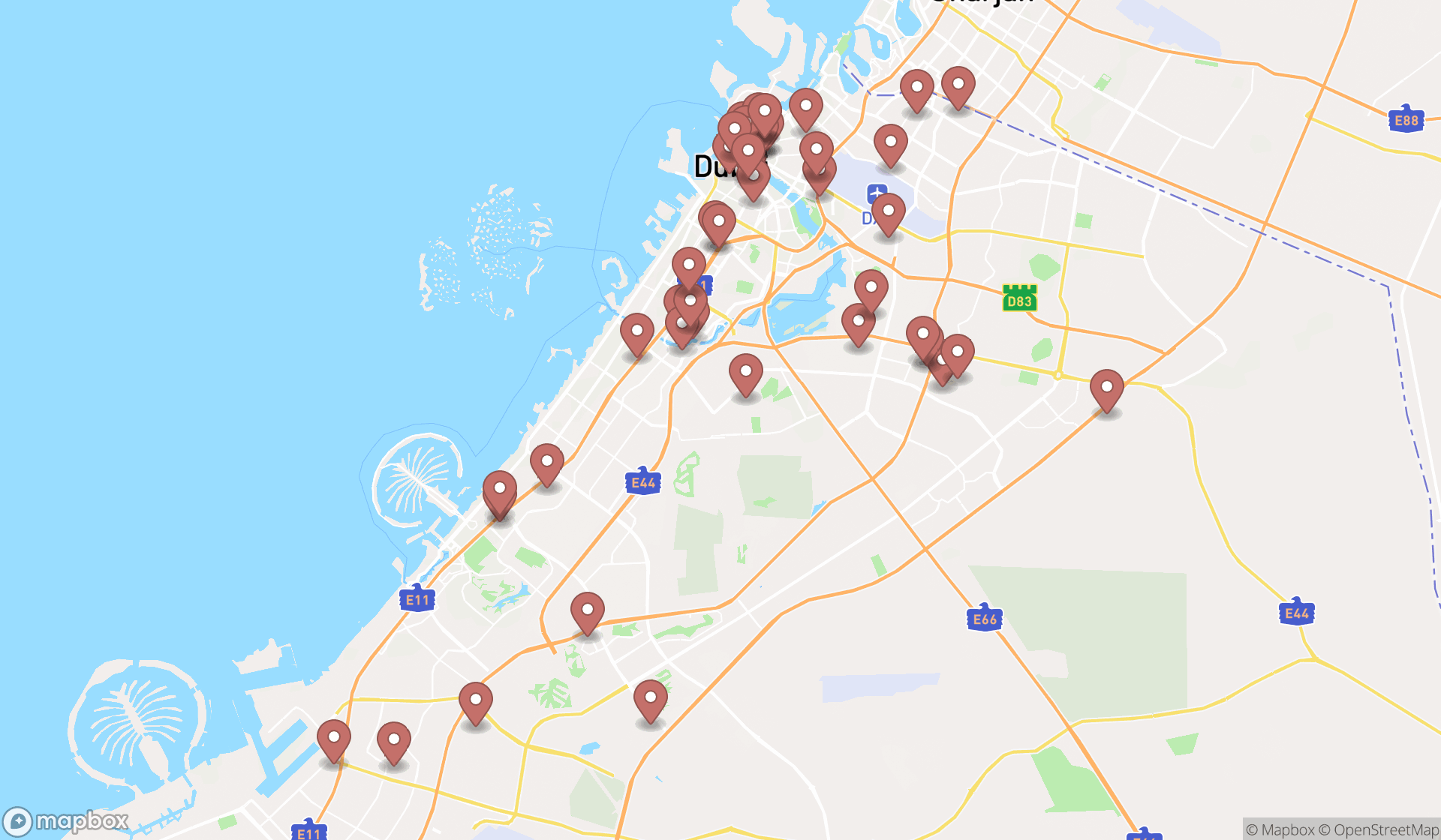 Map showing the search results in Dubai