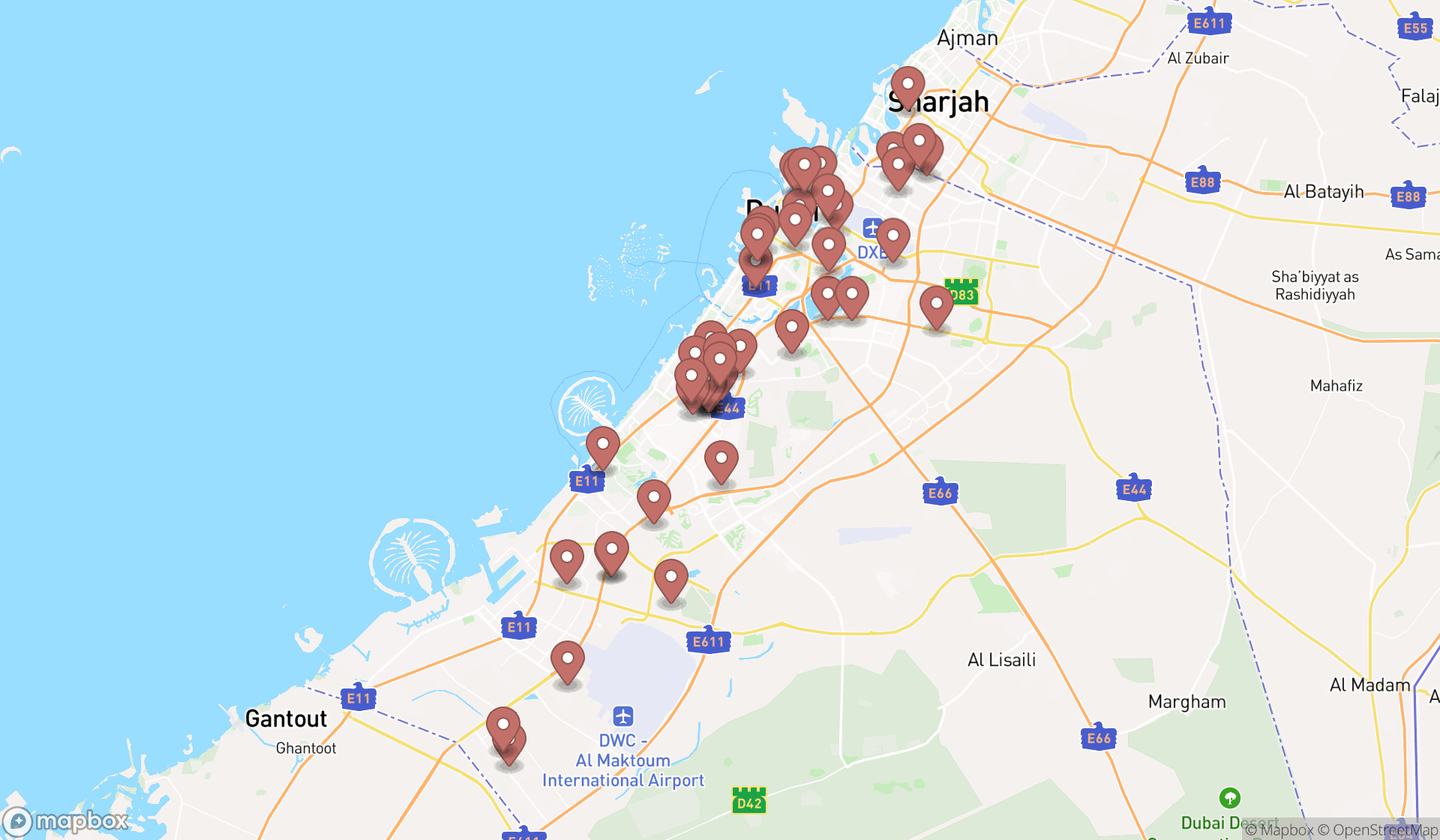 Map showing the search results in Dubai