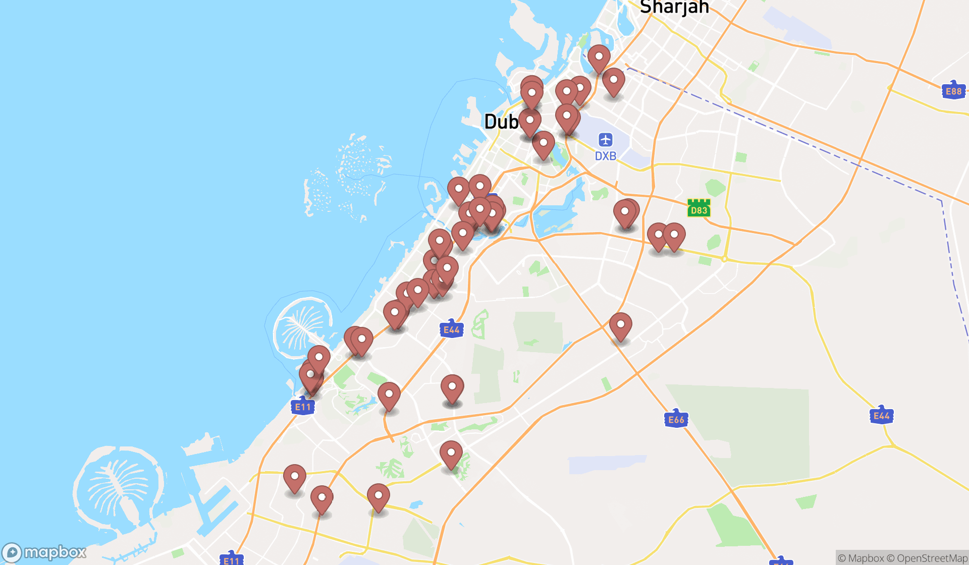 Map showing the search results in Dubai
