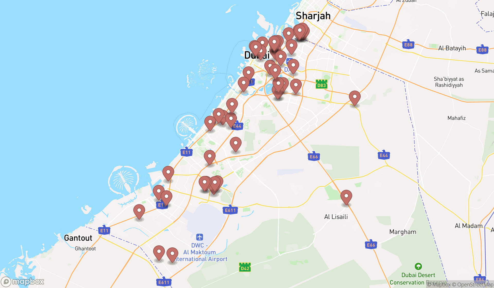 Map showing the search results in Dubai