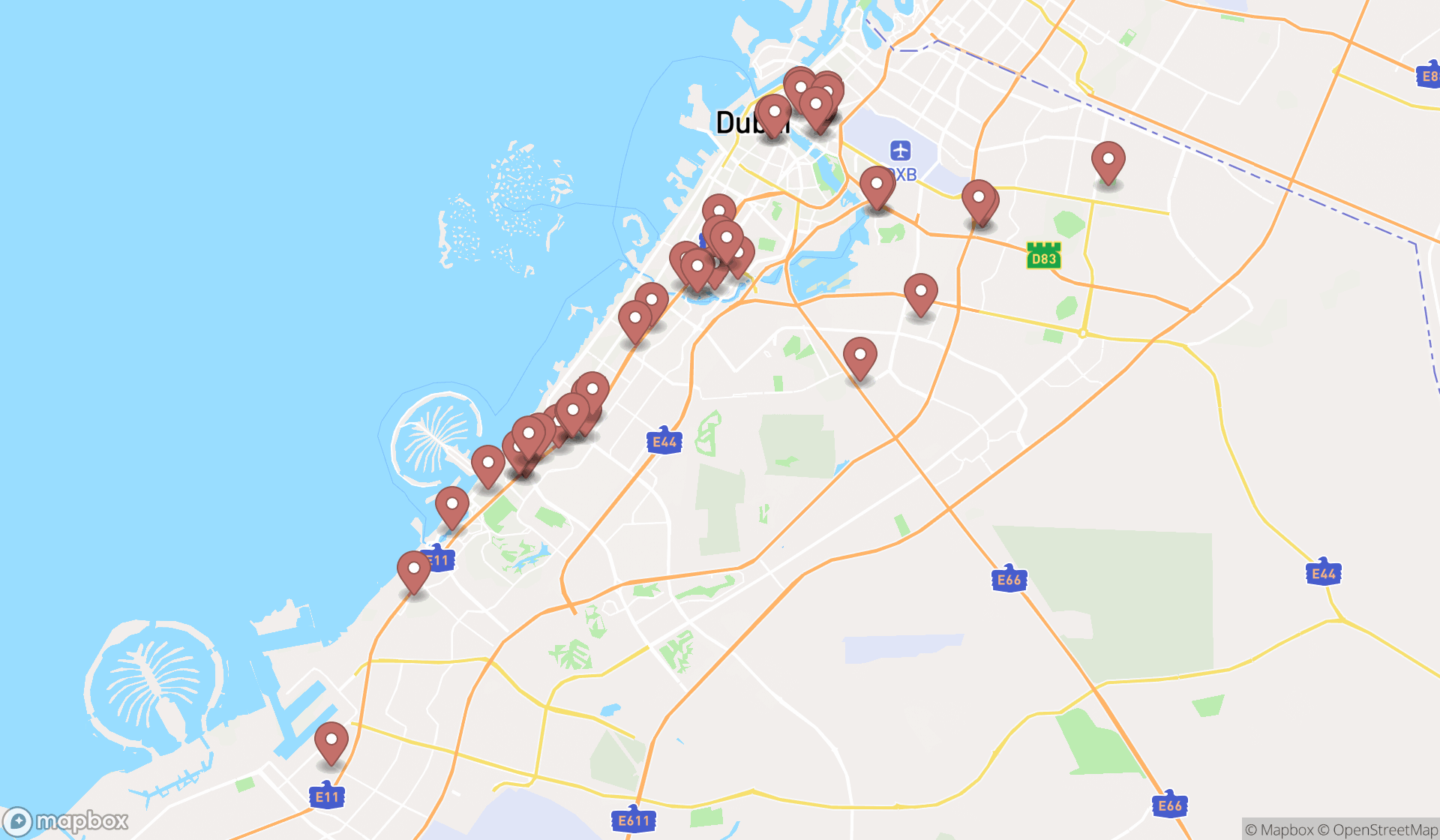 Map showing the search results in Dubai