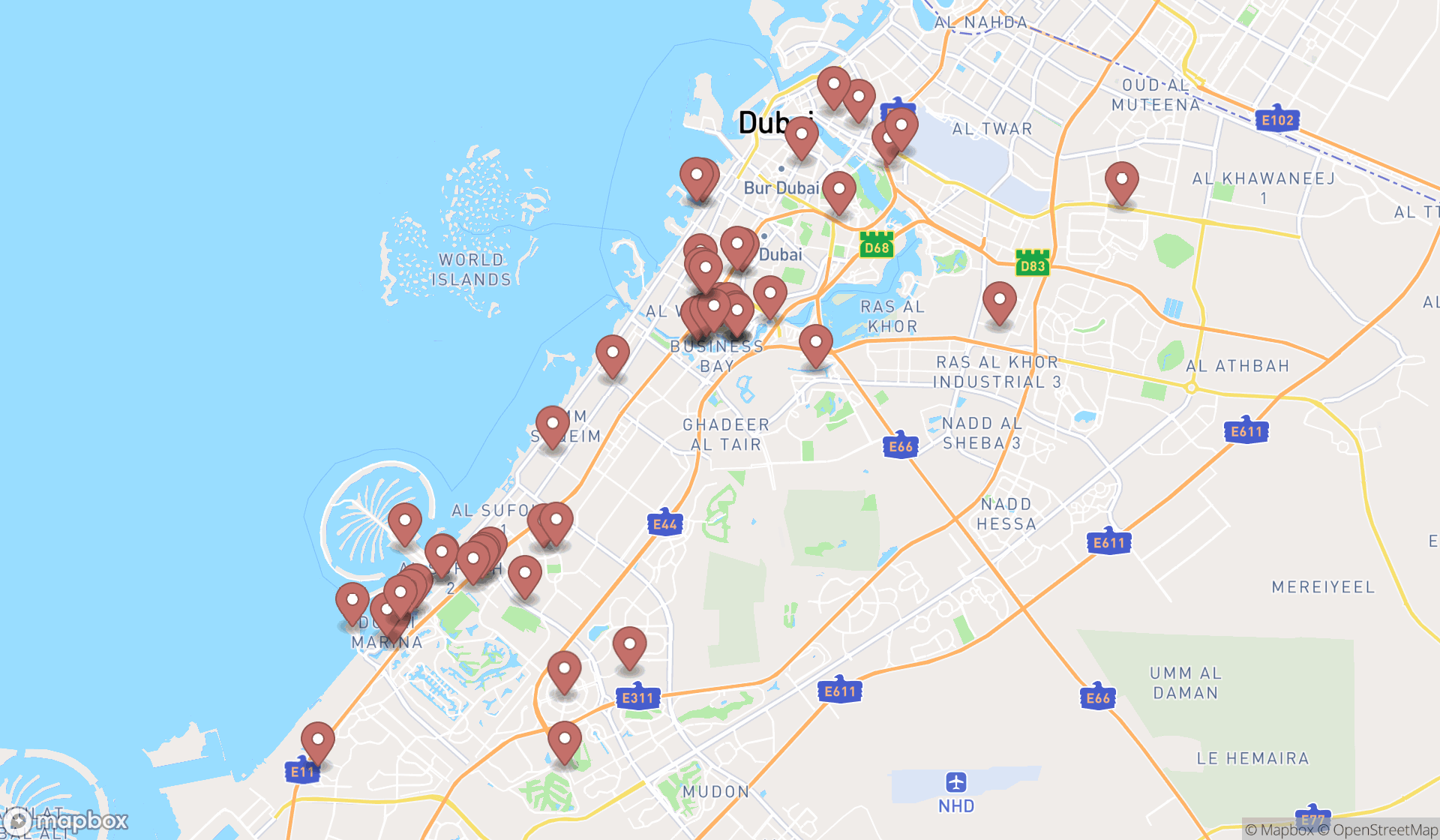 Map showing the search results in Dubai