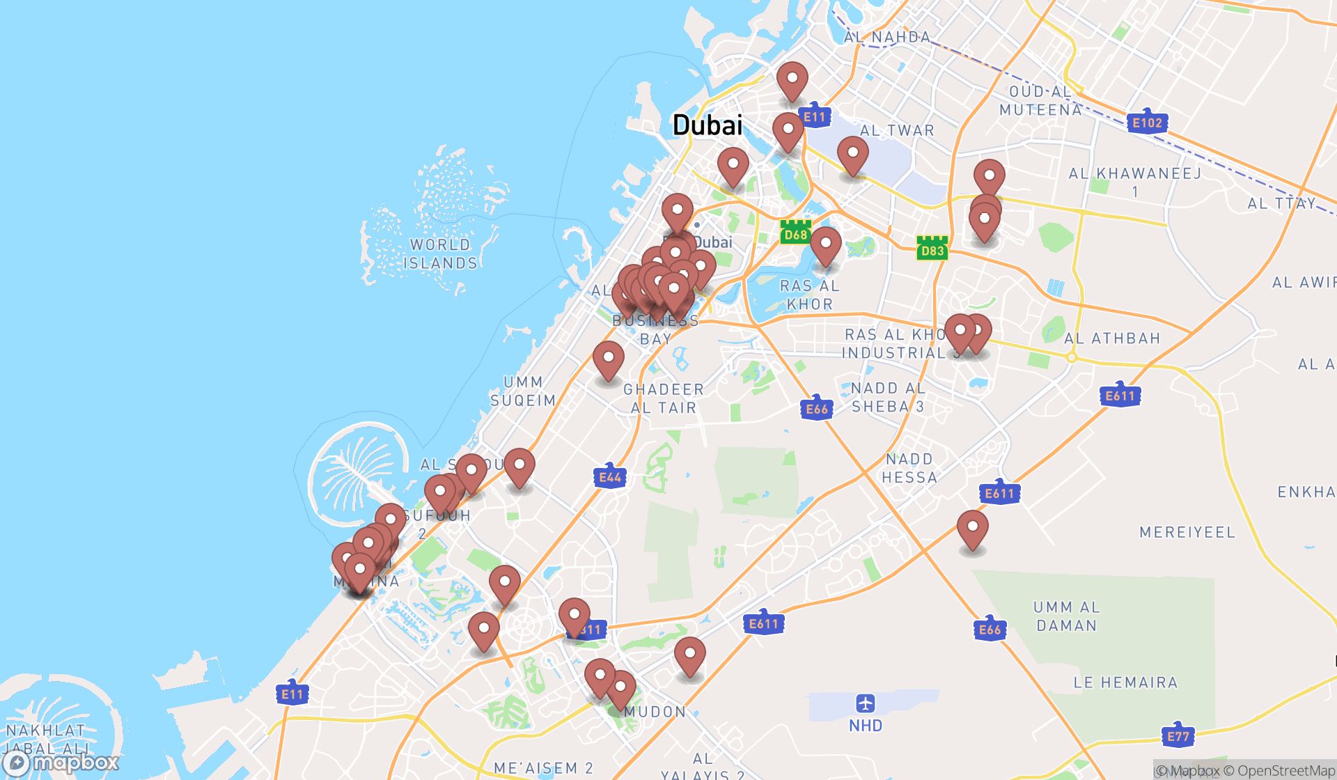 Map showing the search results in Dubai