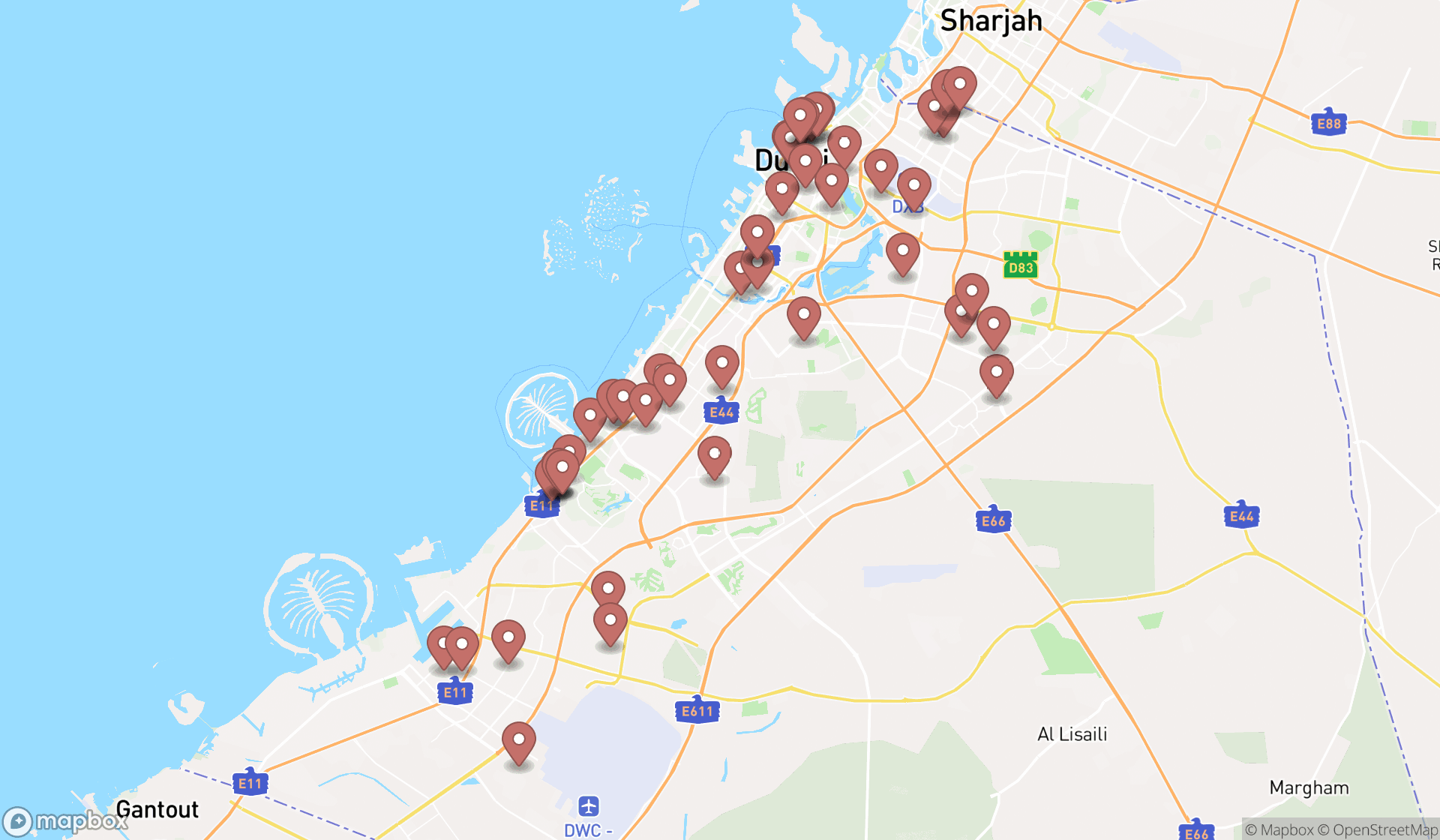 Map showing the search results in Dubai