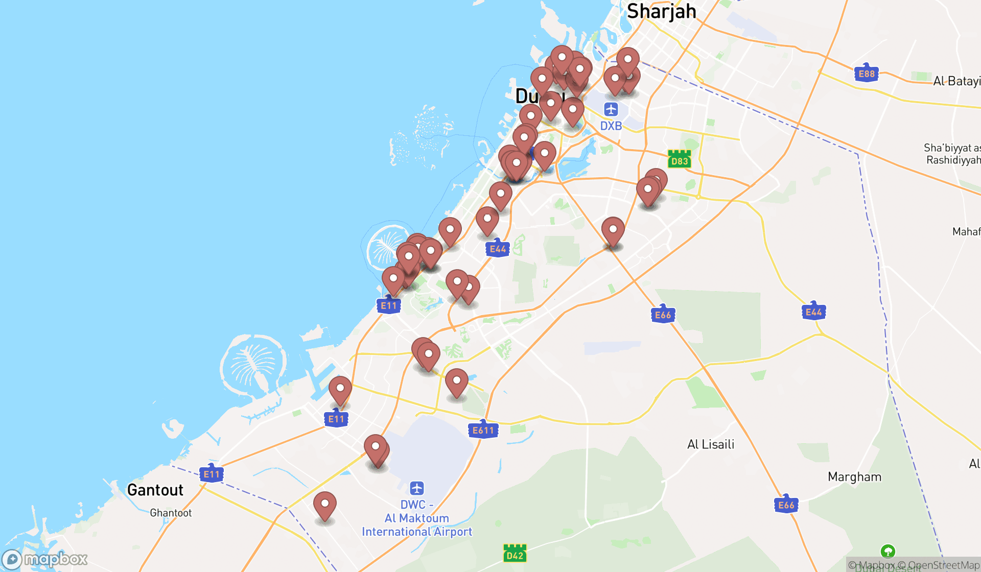 Map showing the search results in Dubai