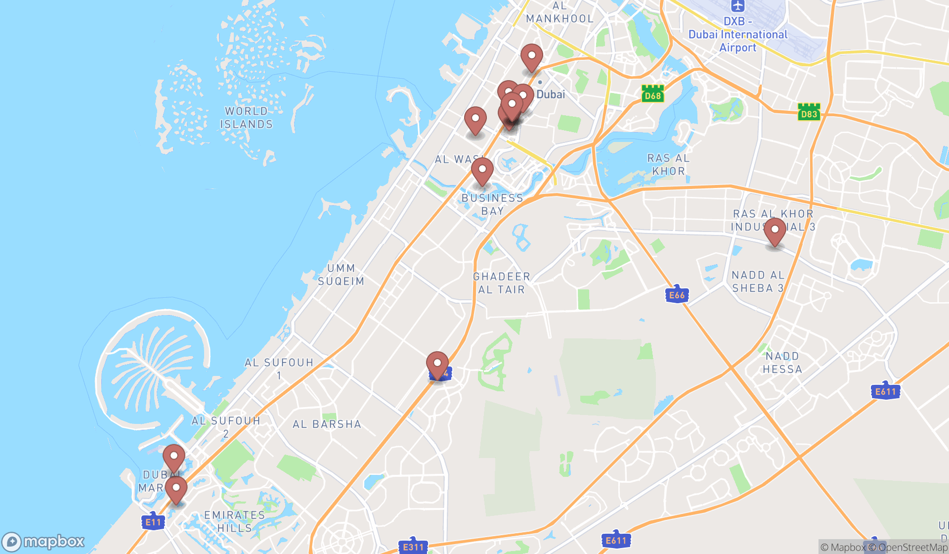 Map showing the search results in Dubai