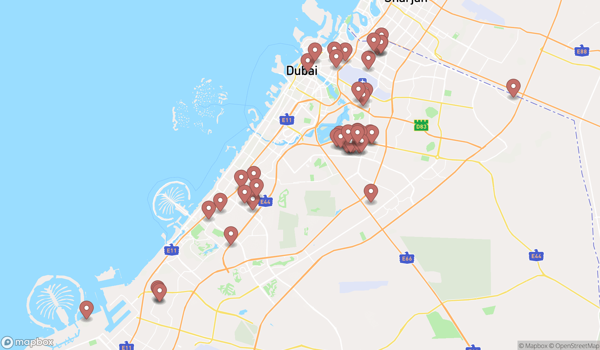 Map showing the search results in Dubai