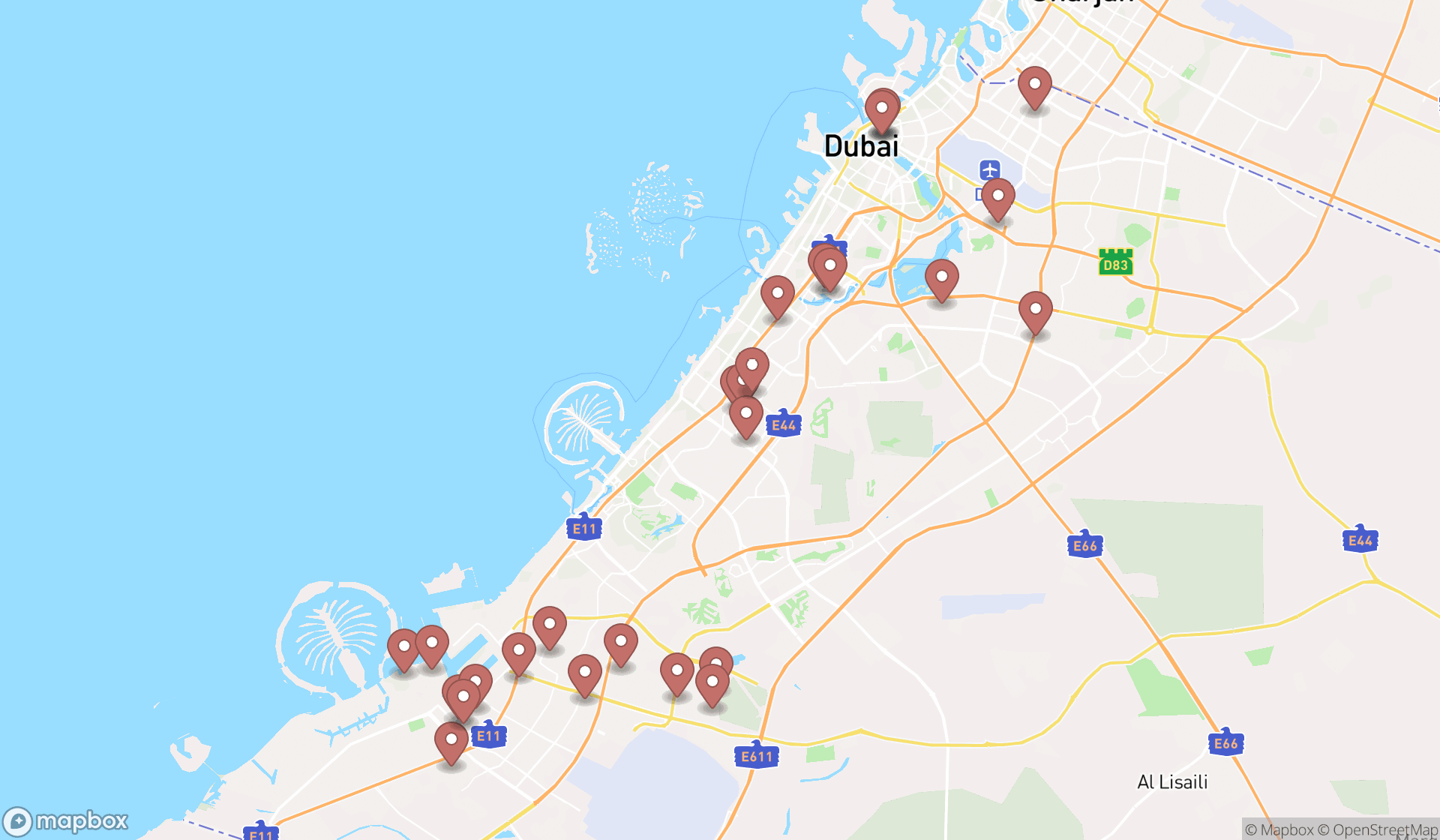 Map showing the search results in Dubai