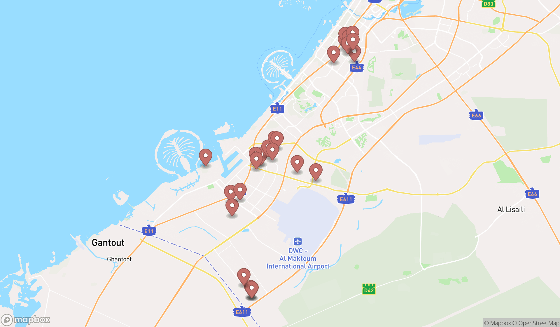 Map showing the search results in Dubai