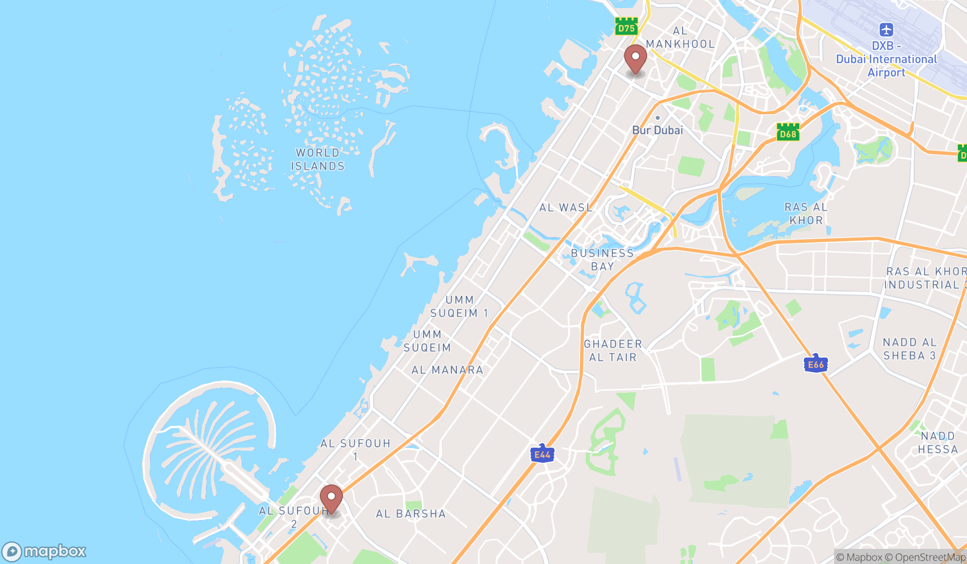 Map showing the search results in Dubai