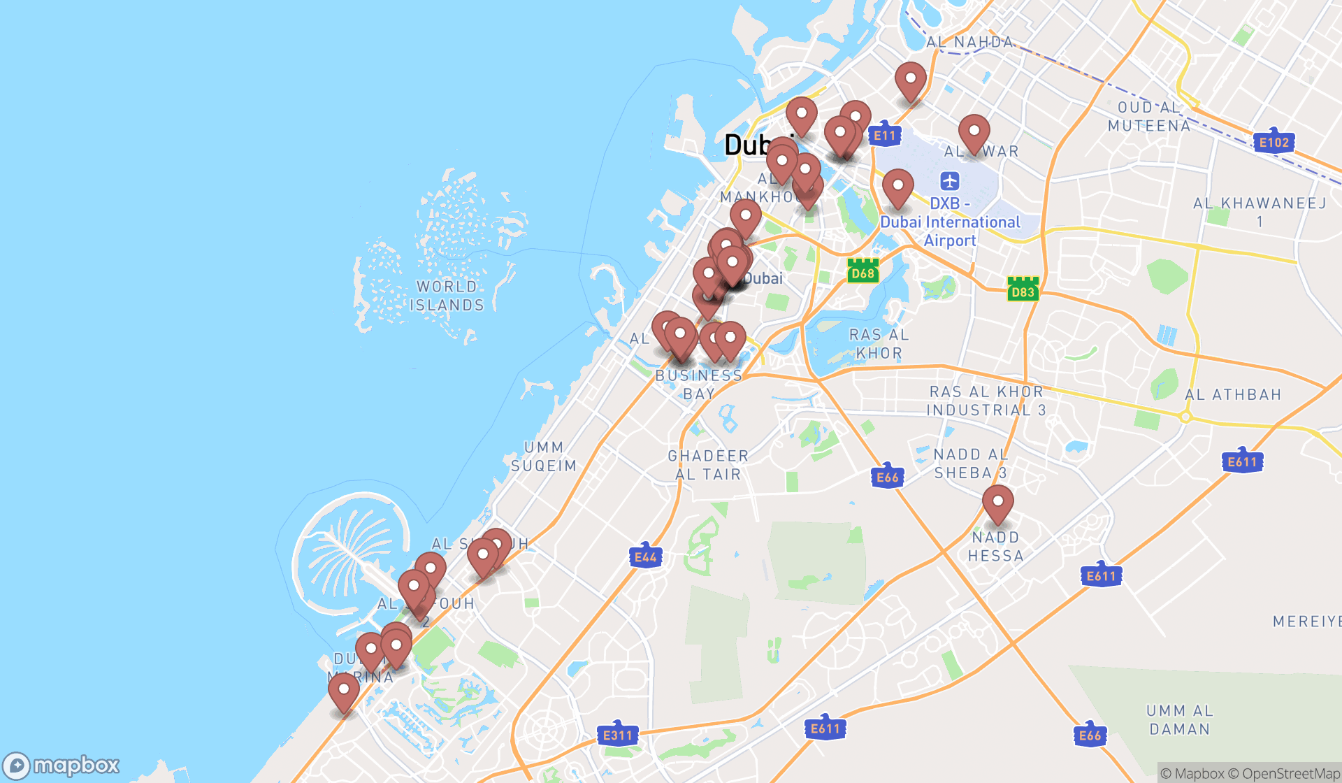 Map showing the search results in Dubai