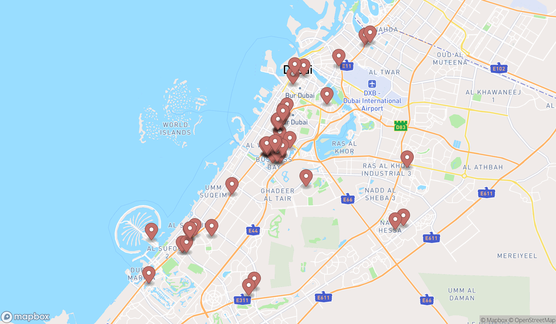 Map showing the search results in Dubai