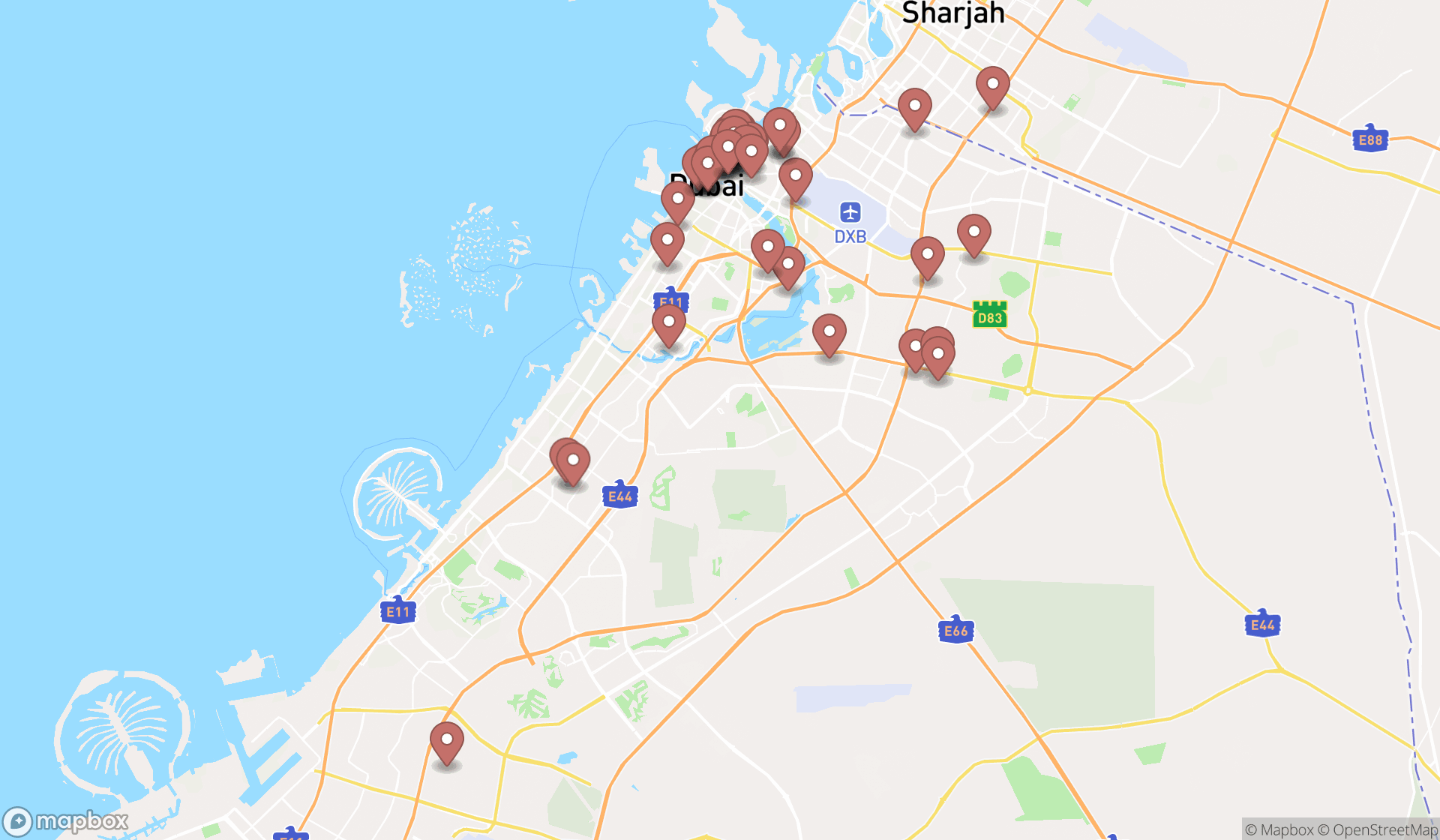 Map showing the search results in Dubai
