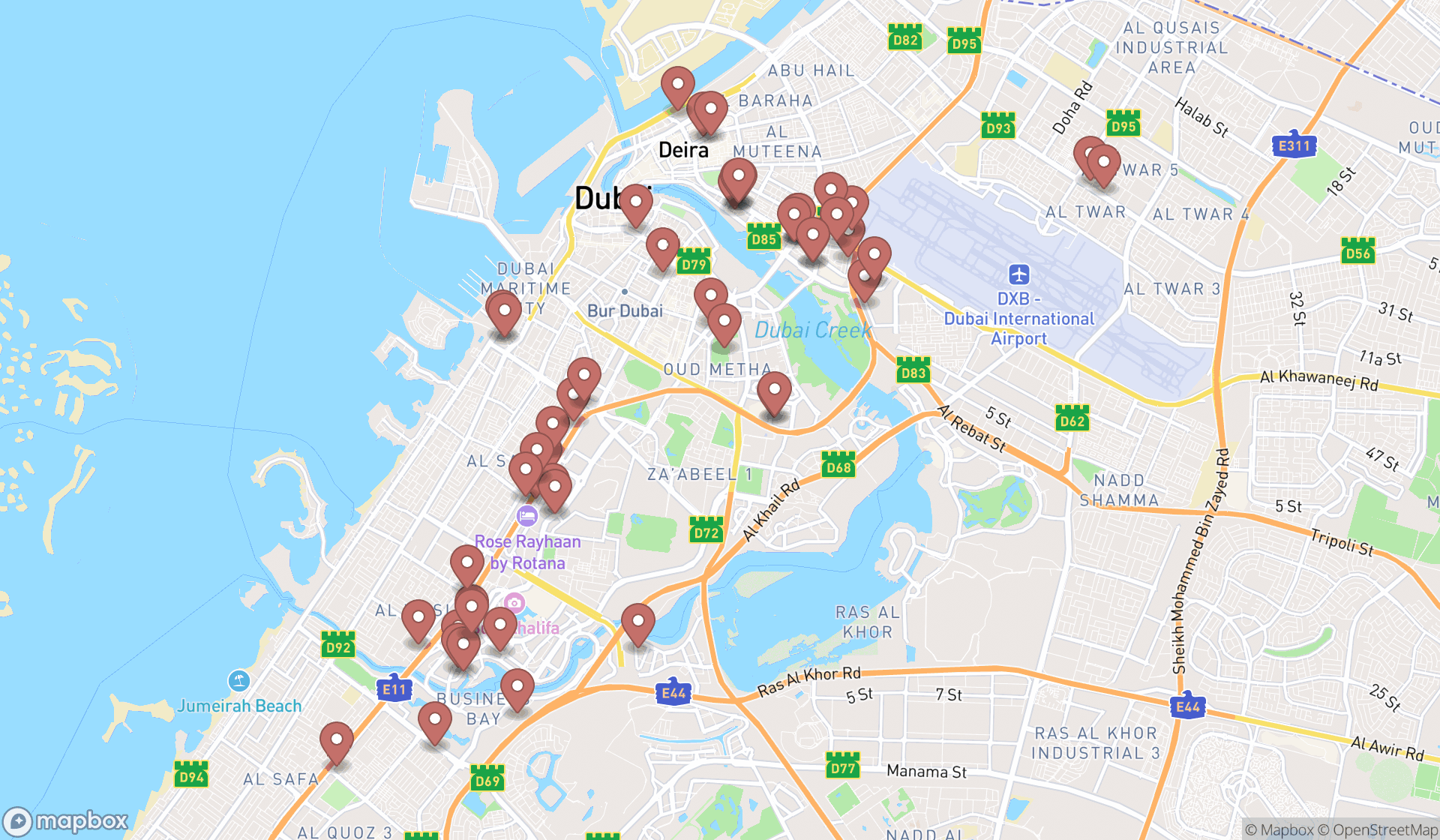 Map showing the search results in Dubai