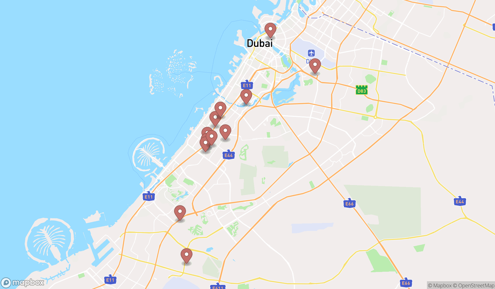 Map showing the search results in Dubai