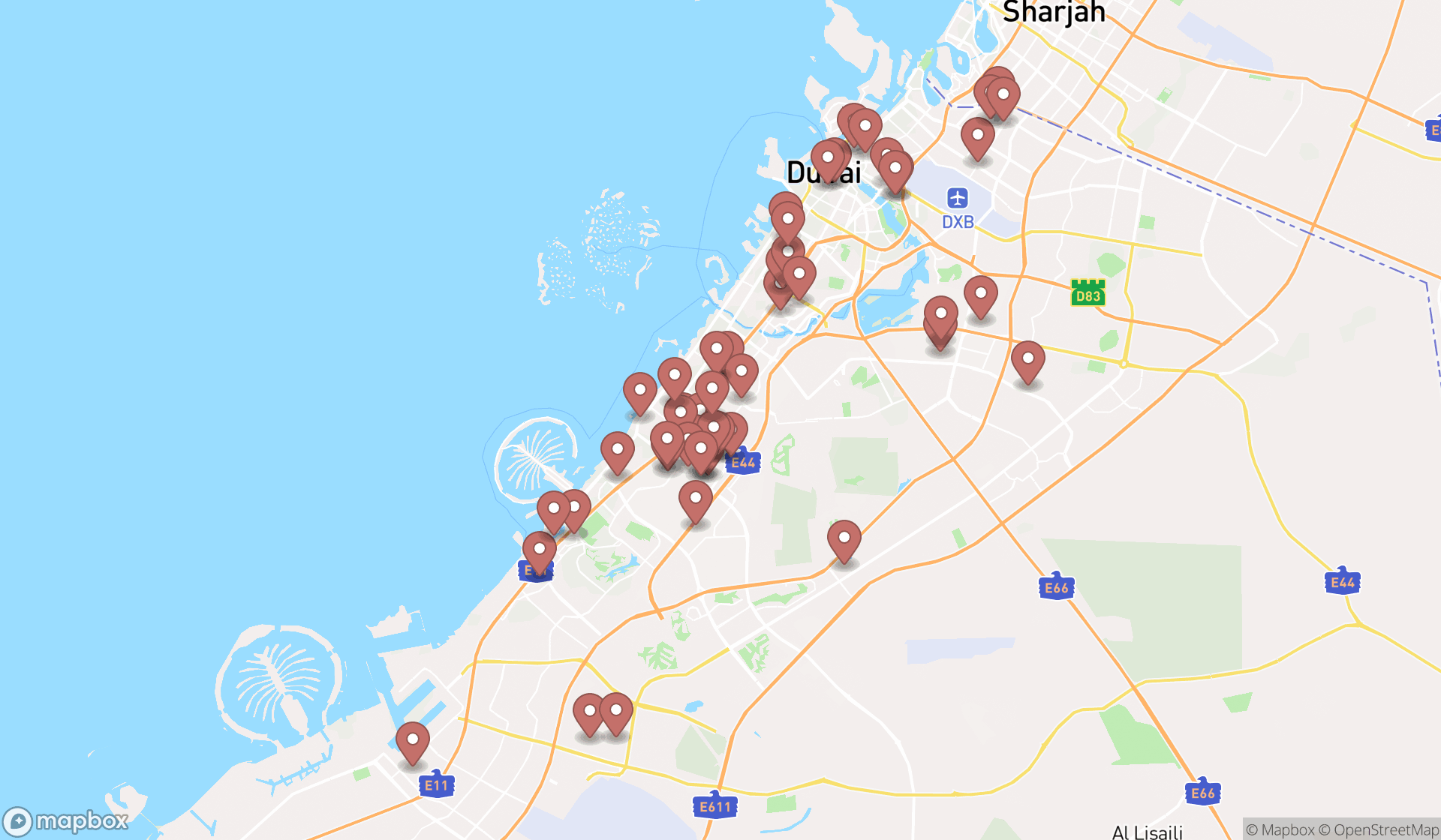 Map showing the search results in Dubai