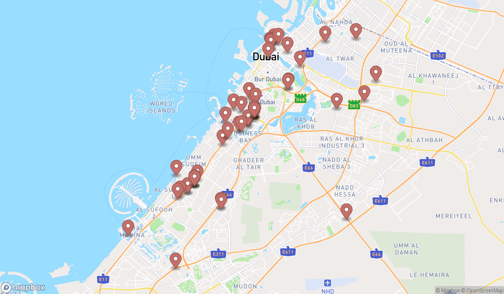 Map showing the search results in Dubai