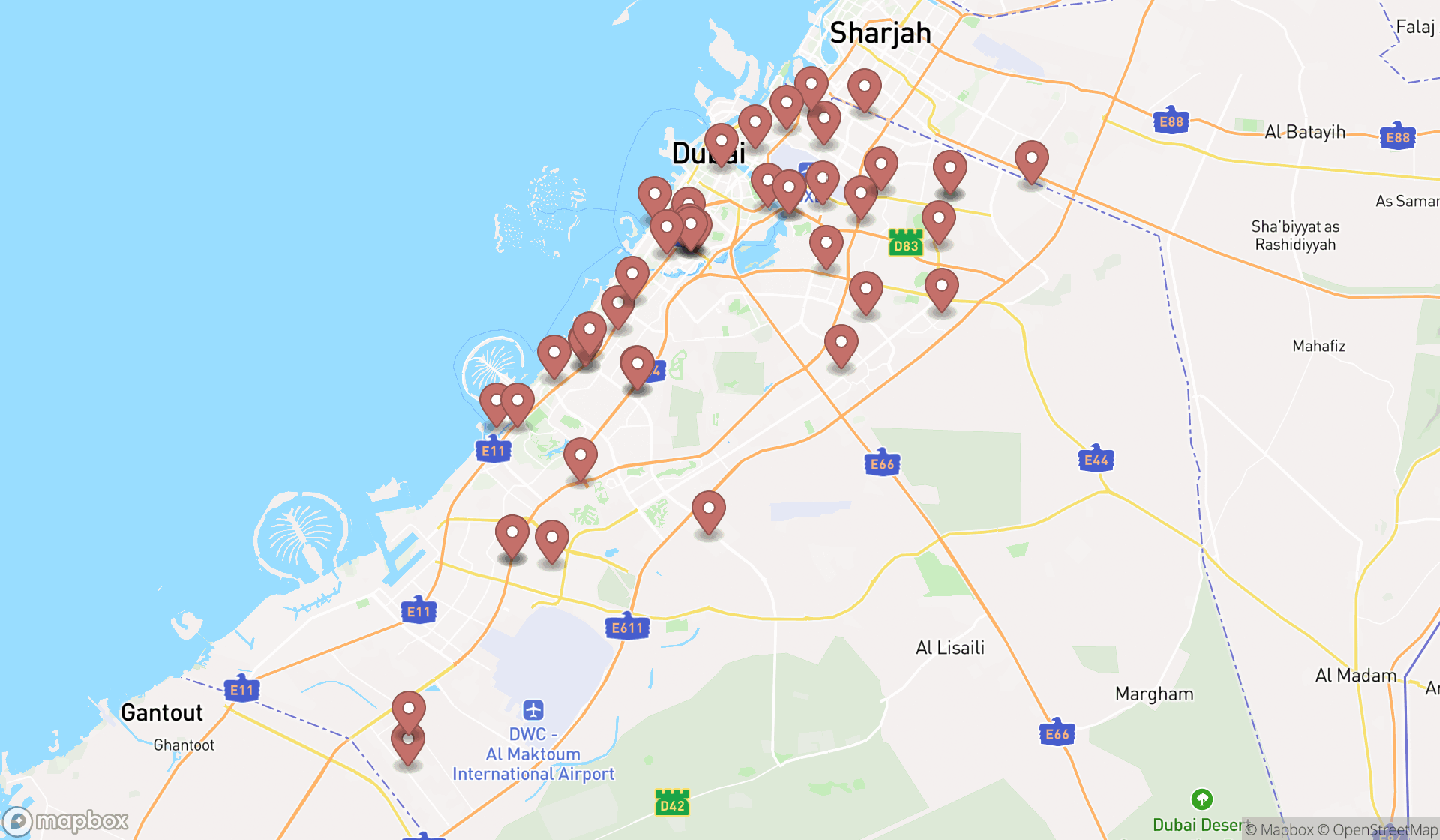 Map showing the search results in Dubai