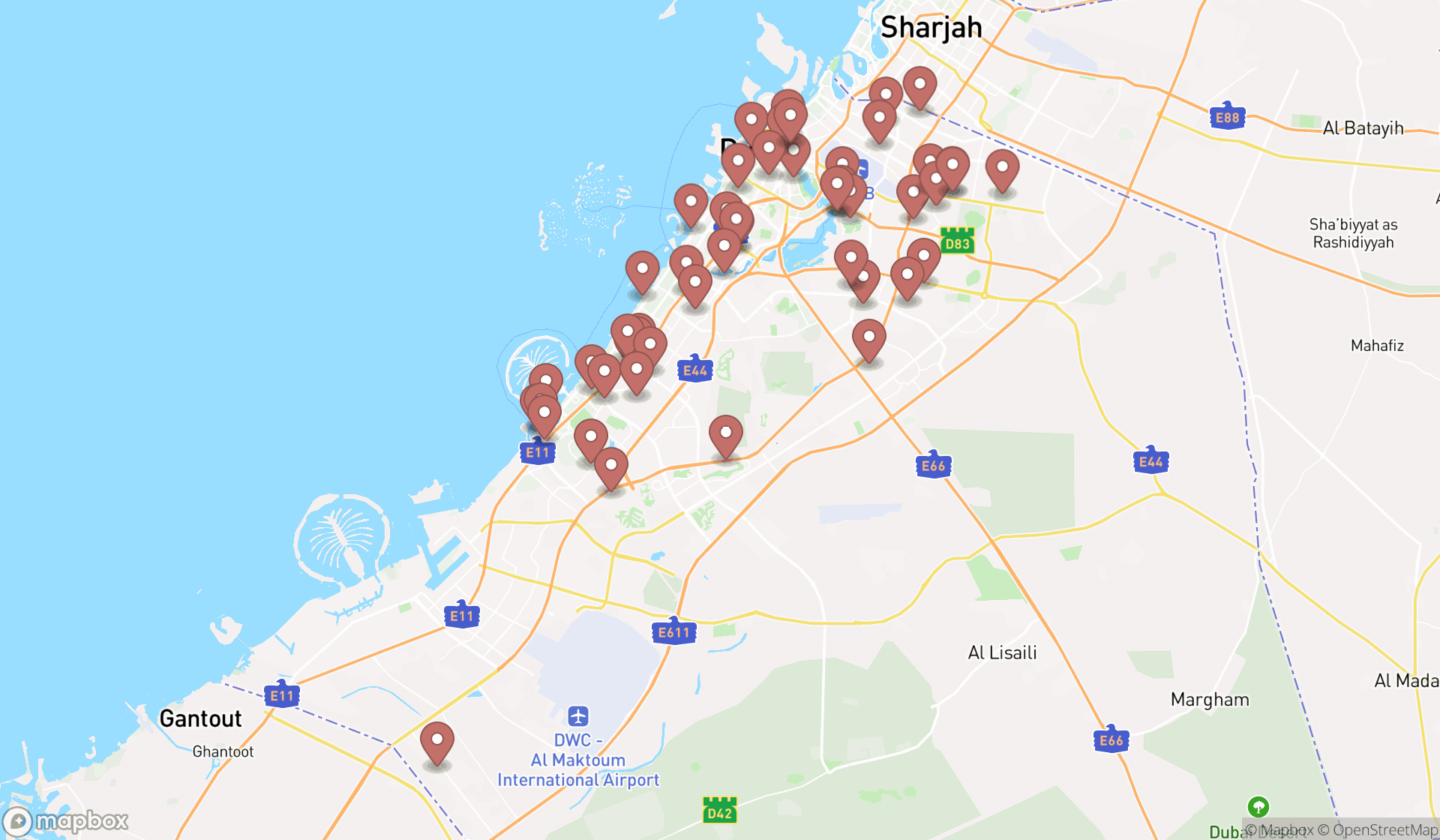 Map showing the search results in Dubai