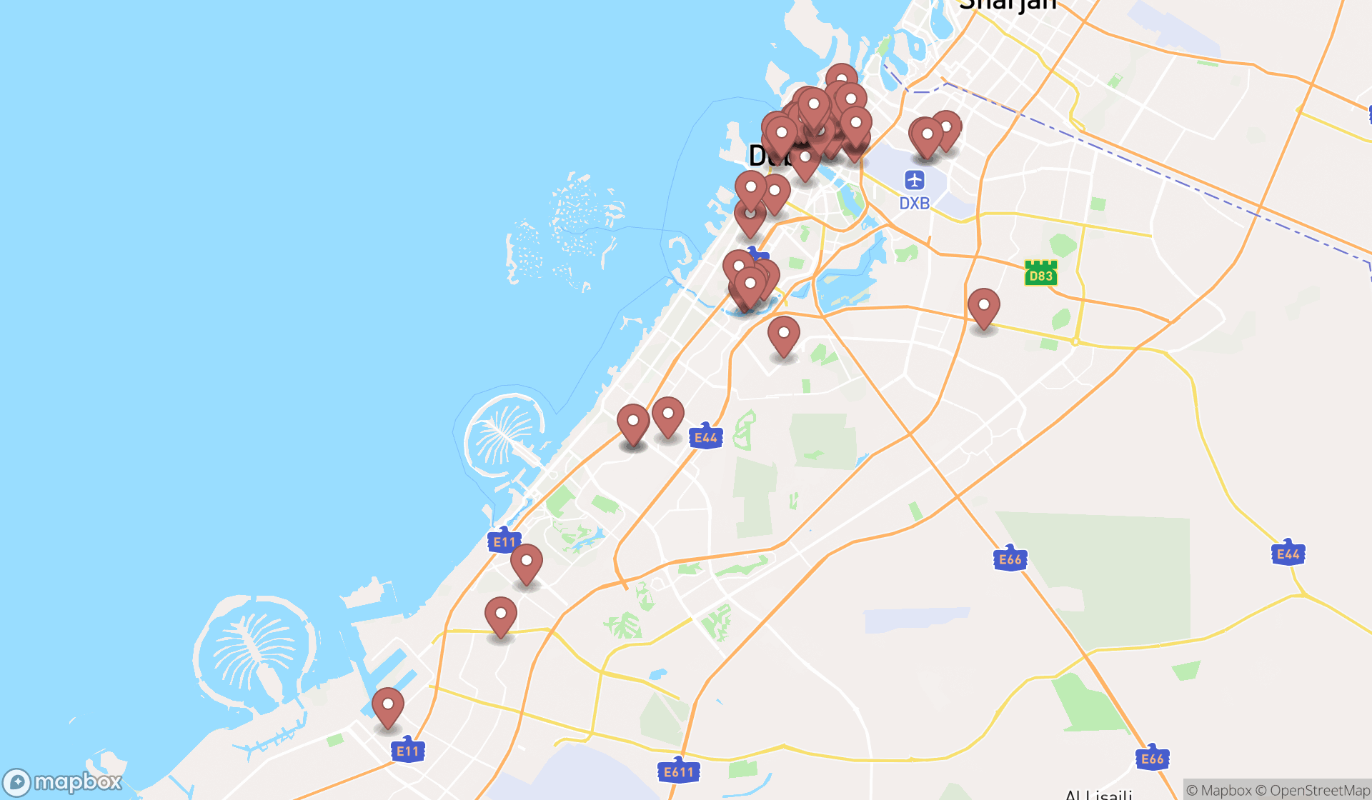 Map showing the search results in Dubai