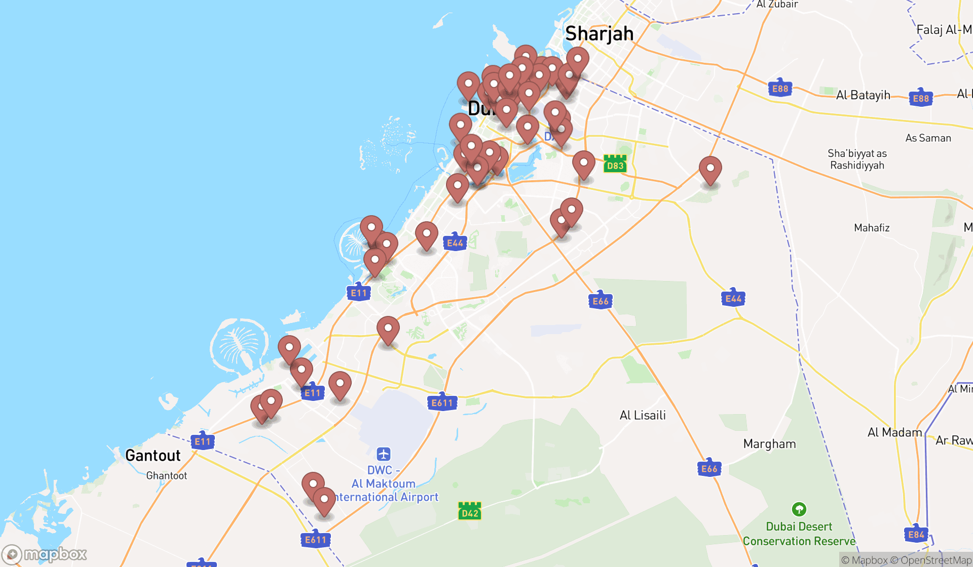 Map showing the search results in Dubai