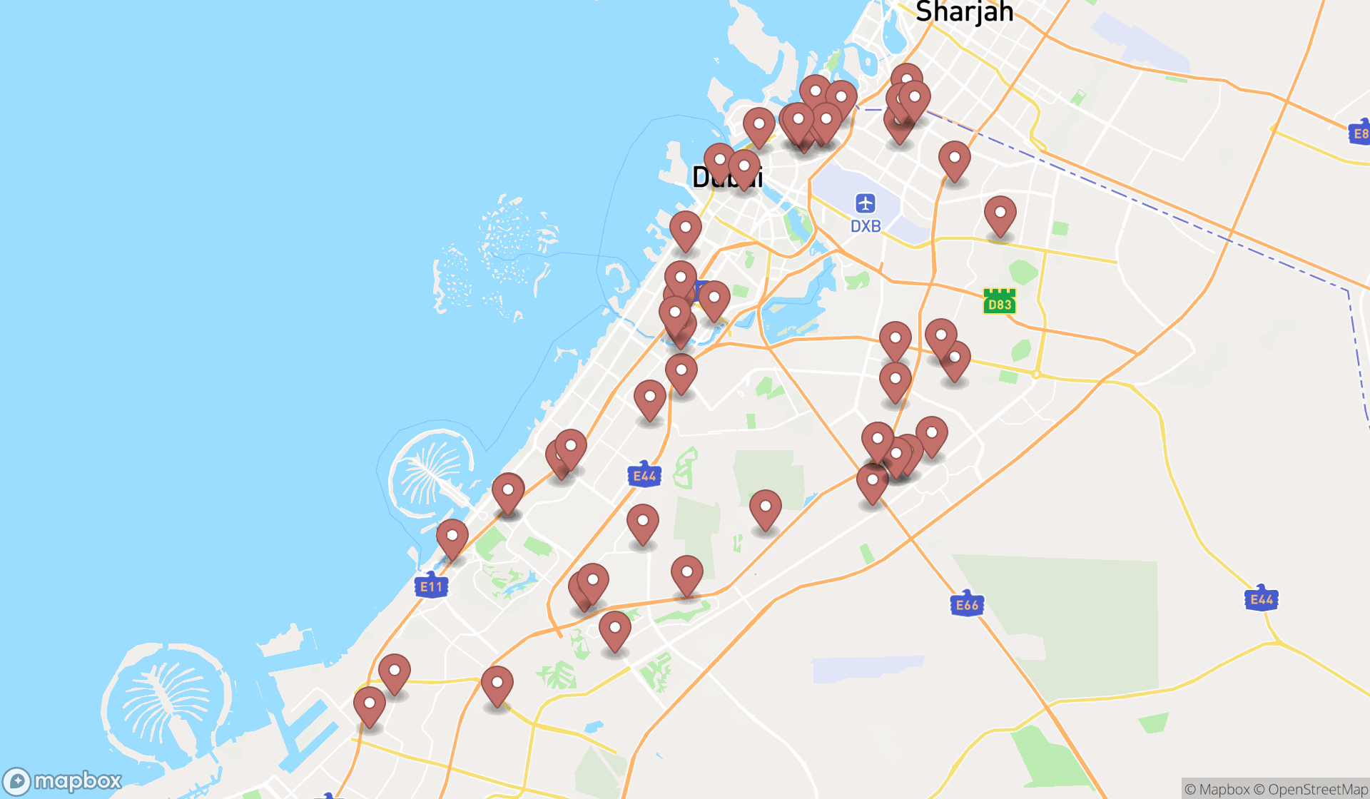 Map showing the search results in Dubai