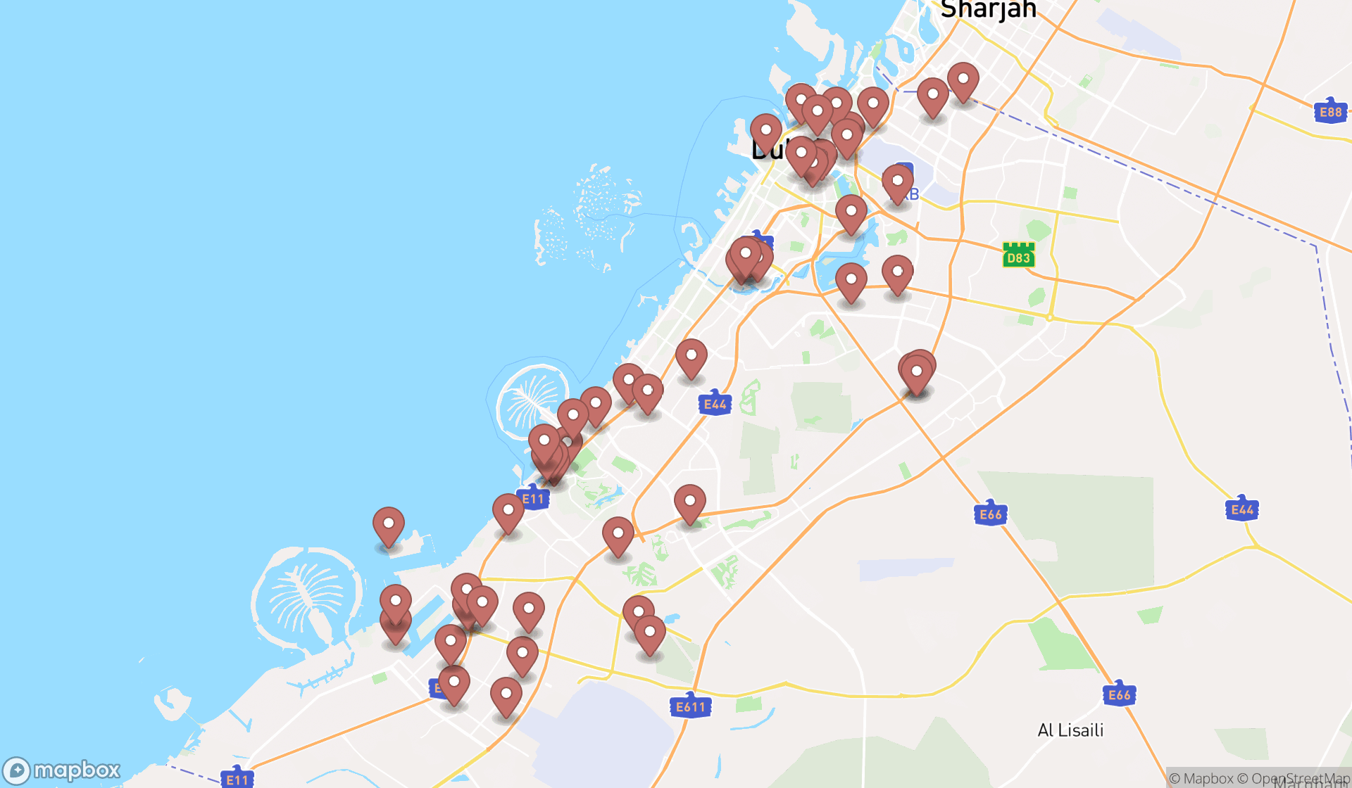 Map showing the search results in Dubai