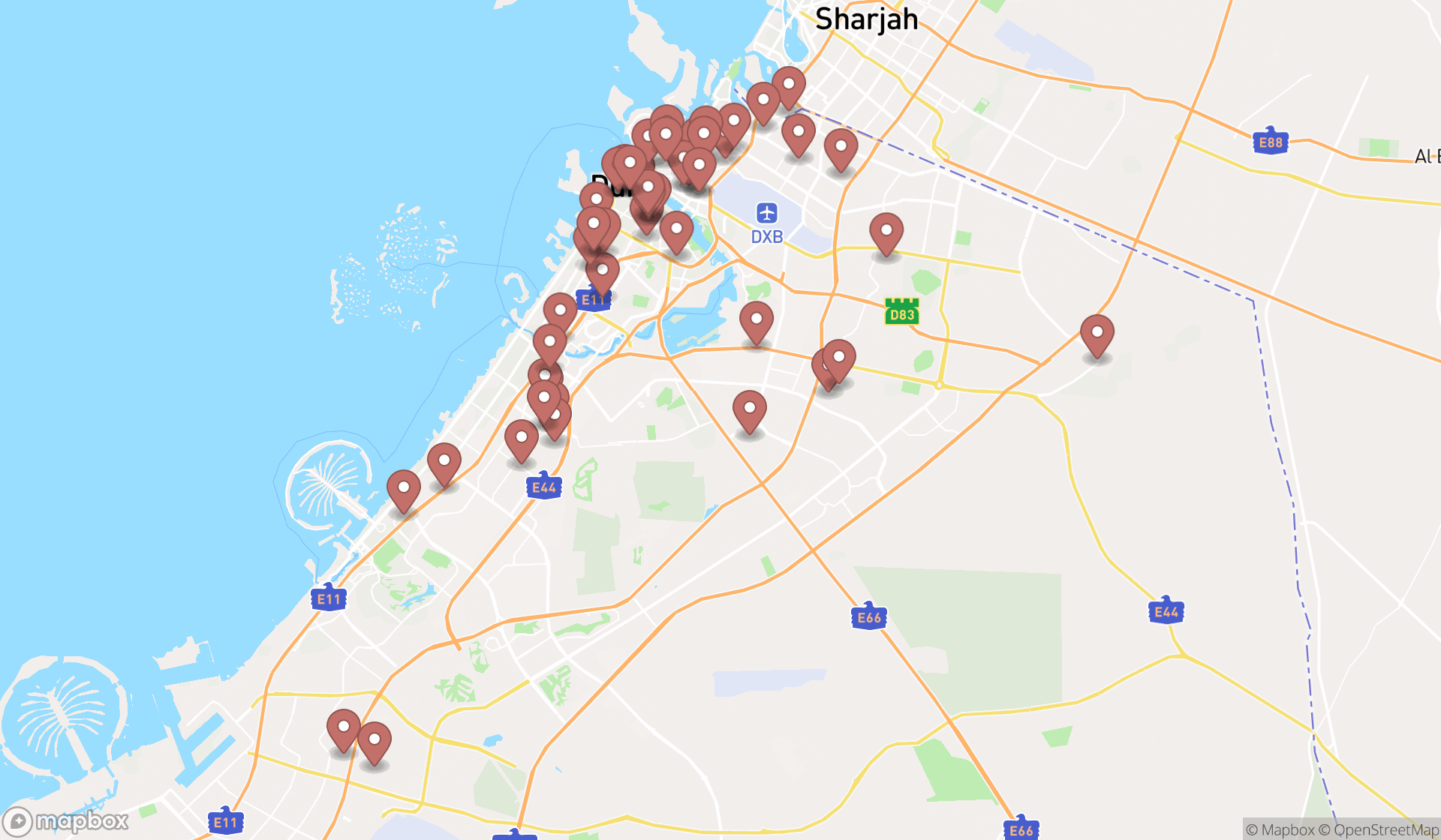 Map showing the search results in Dubai