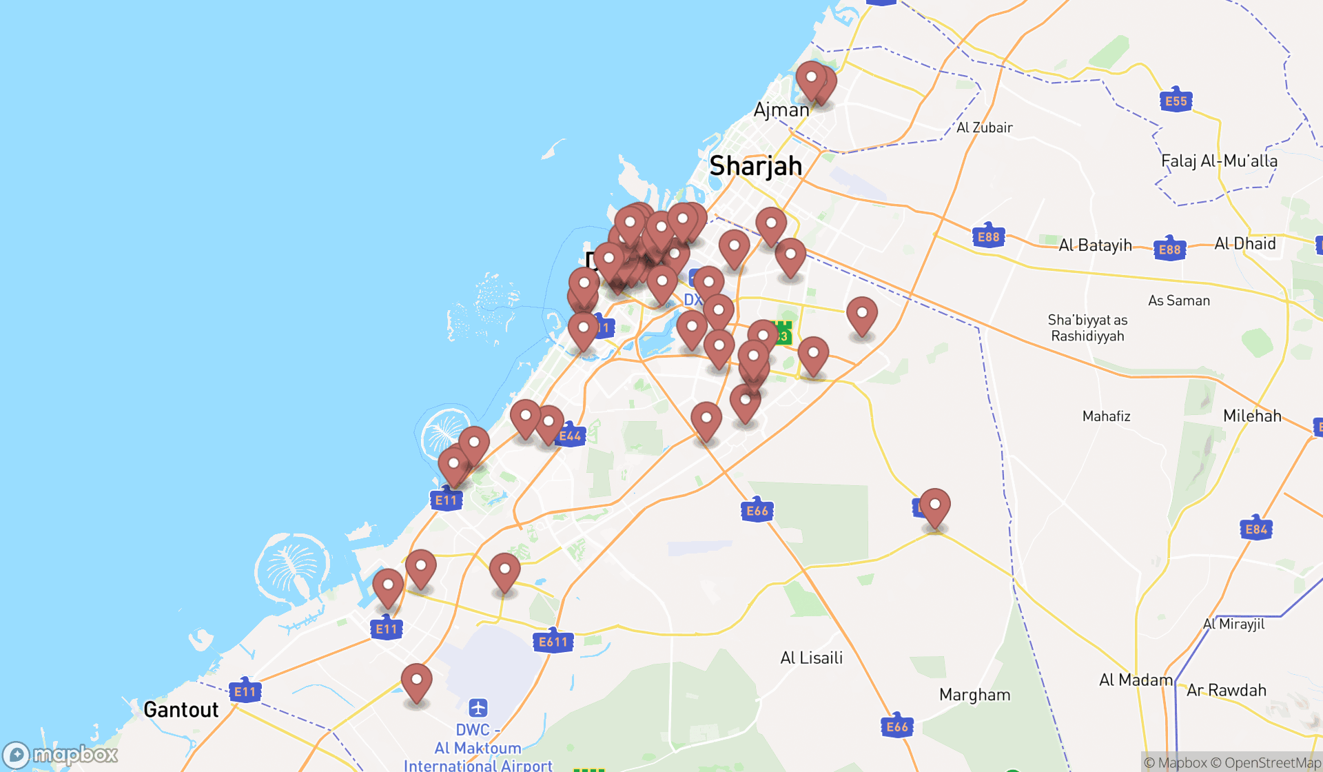 Map showing the search results in Dubai