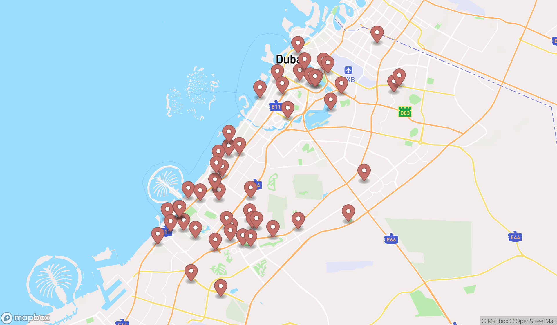 Map showing the search results in Dubai