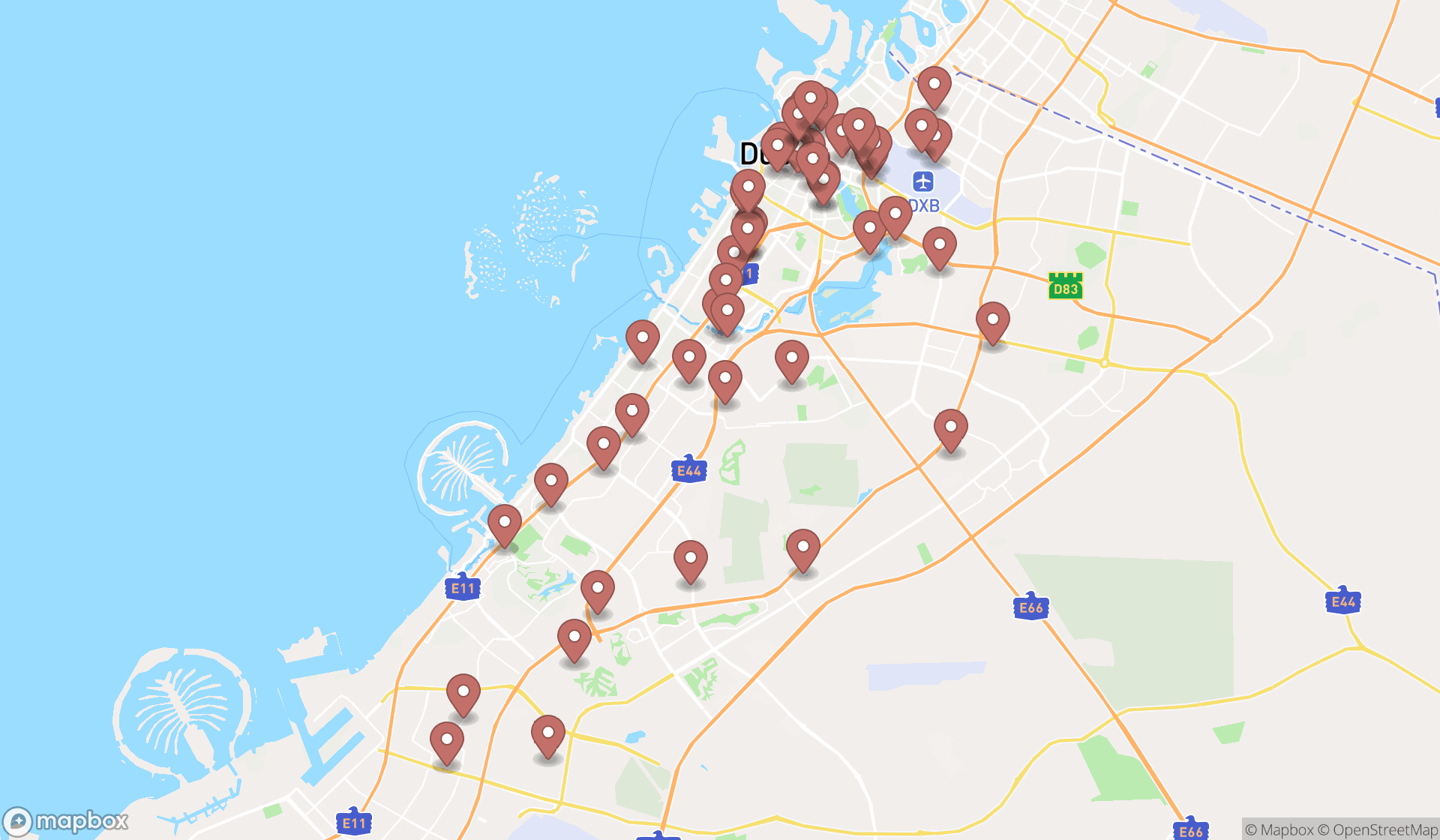 Map showing the search results in Dubai