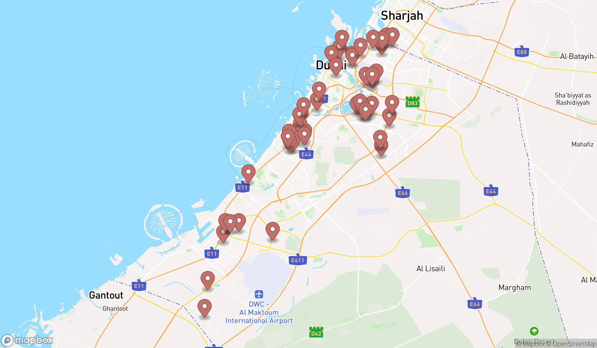 Map showing the search results in Dubai
