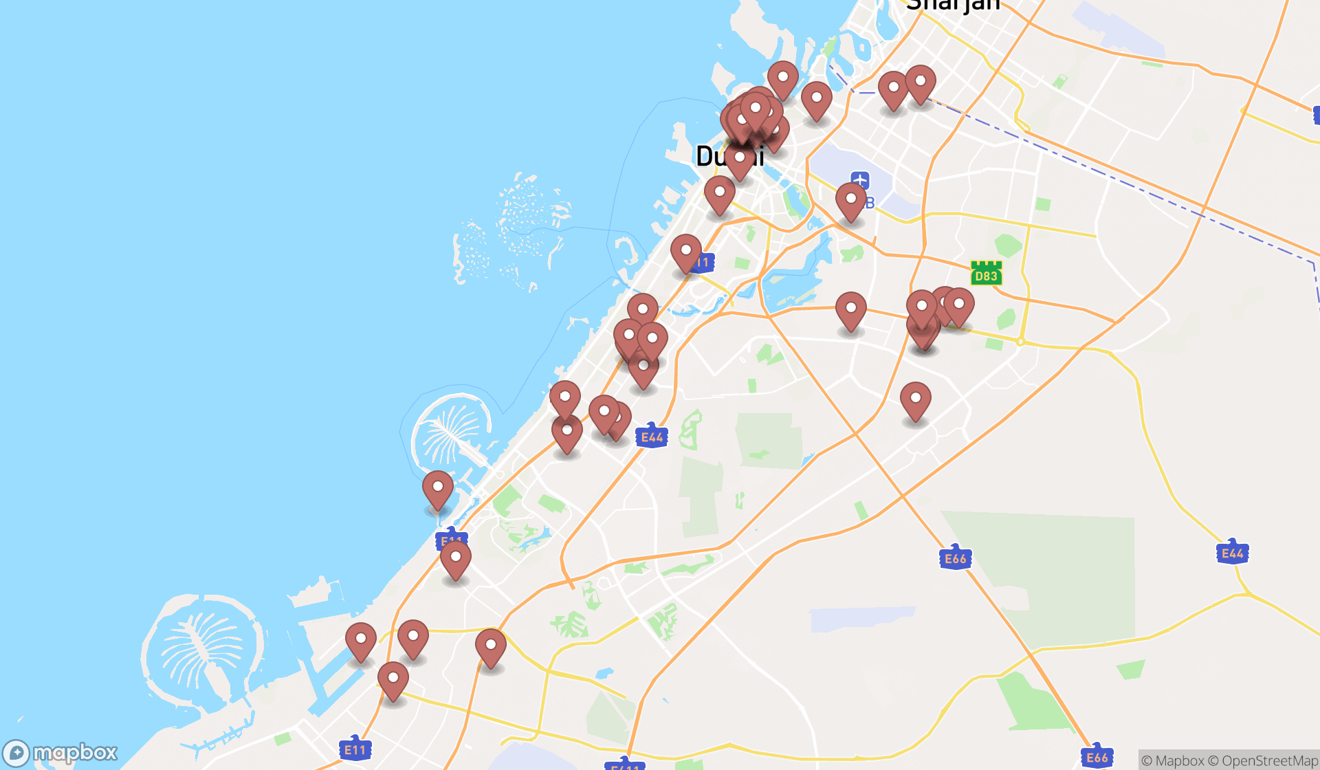 Map showing the search results in Dubai