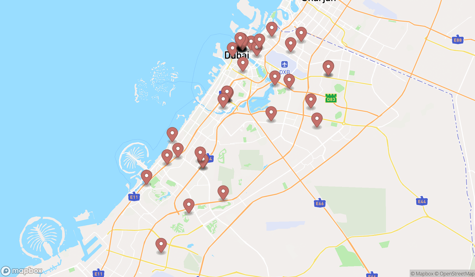 Map showing the search results in Dubai