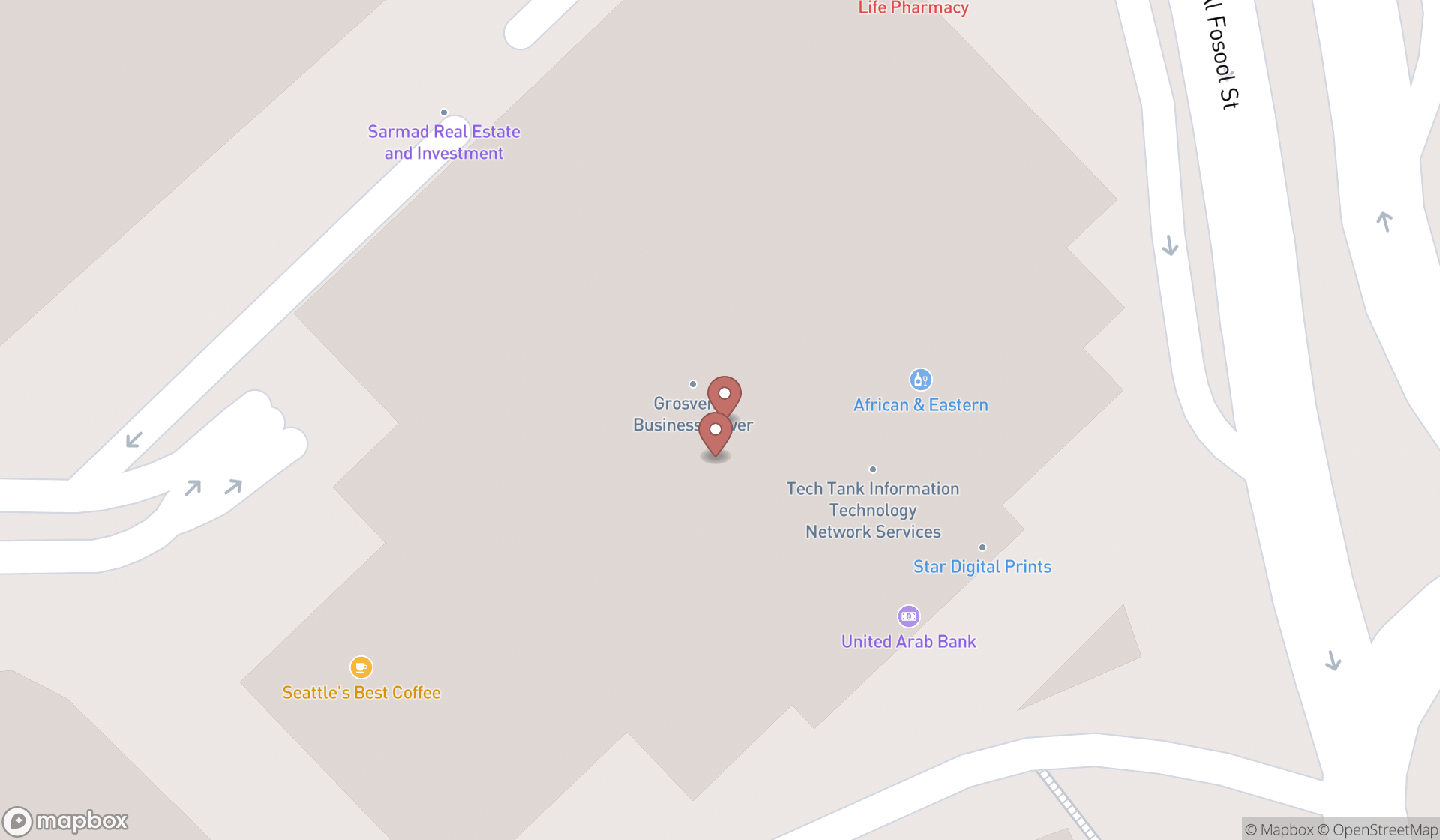Map showing the search results in Dubai