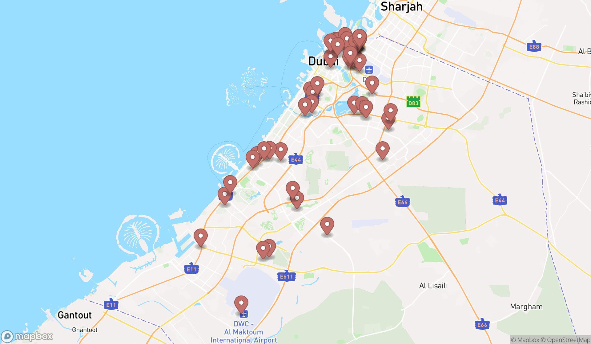 Map showing the search results in Dubai