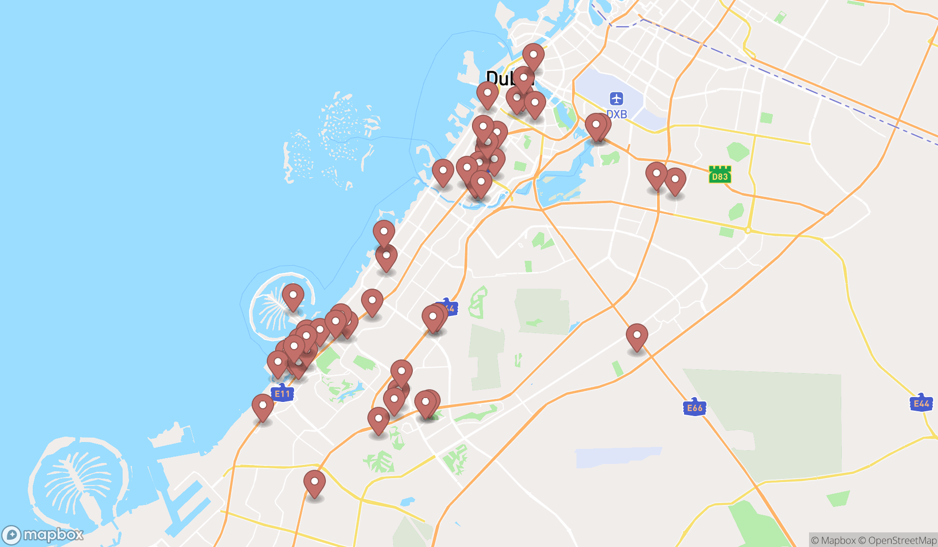 Map showing the search results in Dubai