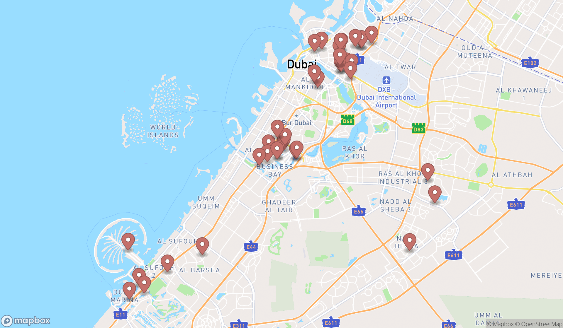 Map showing the search results in Dubai