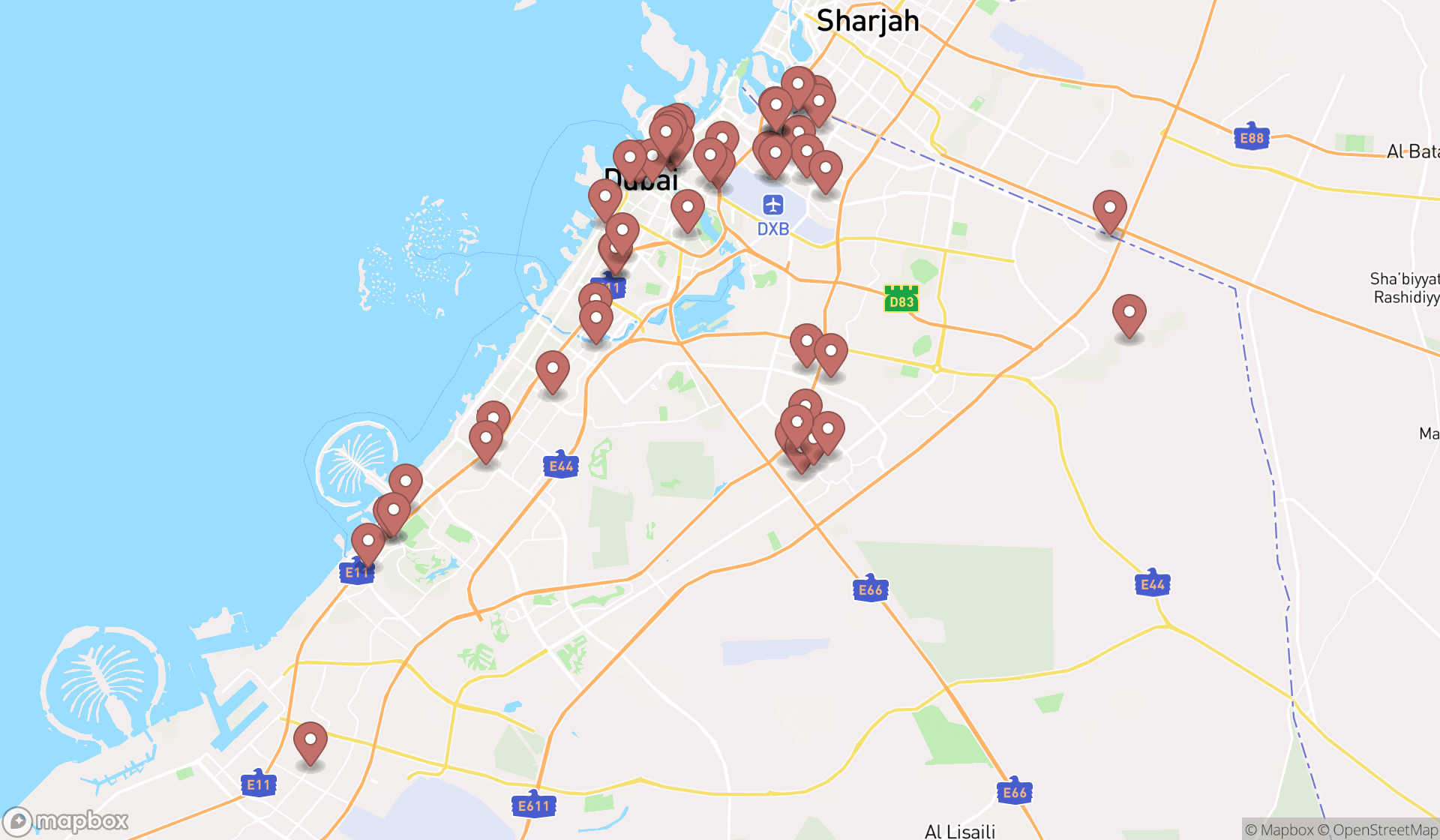 Map showing the search results in Dubai