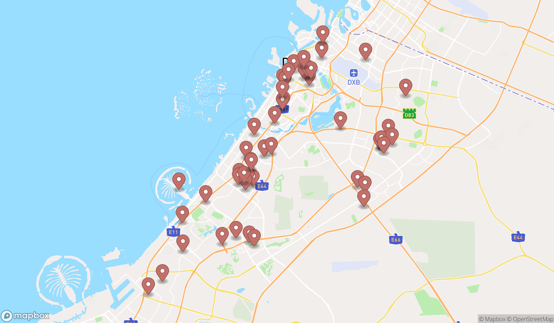 Map showing the search results in Dubai