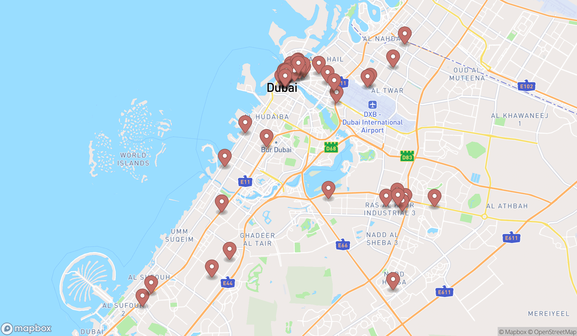 Map showing the search results in Dubai