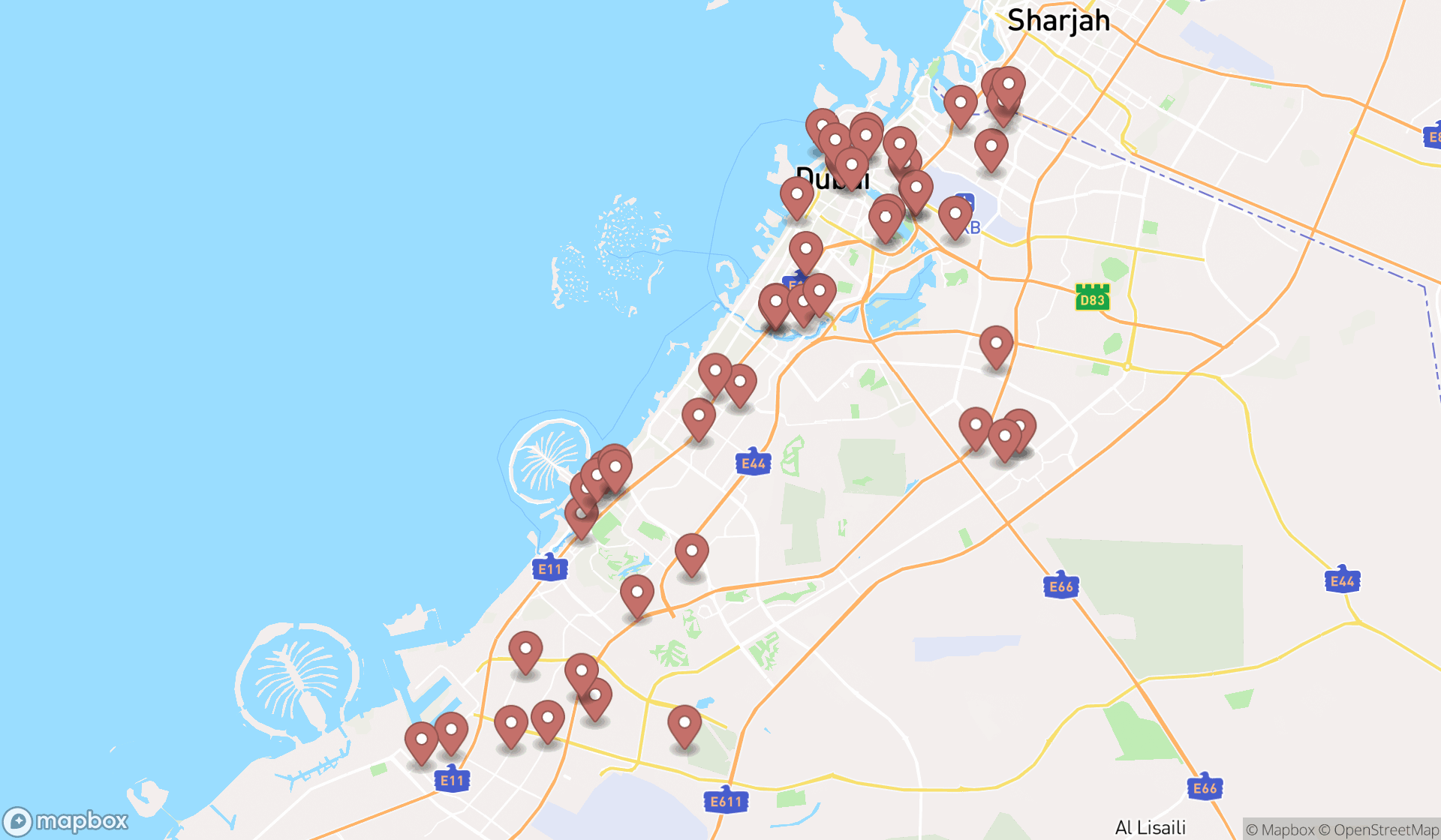 Map showing the search results in Dubai