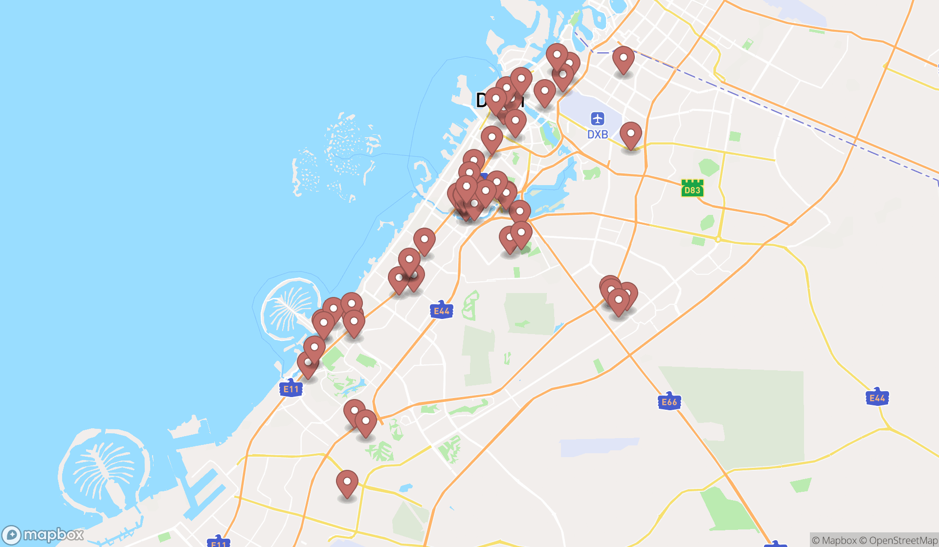 Map showing the search results in Dubai