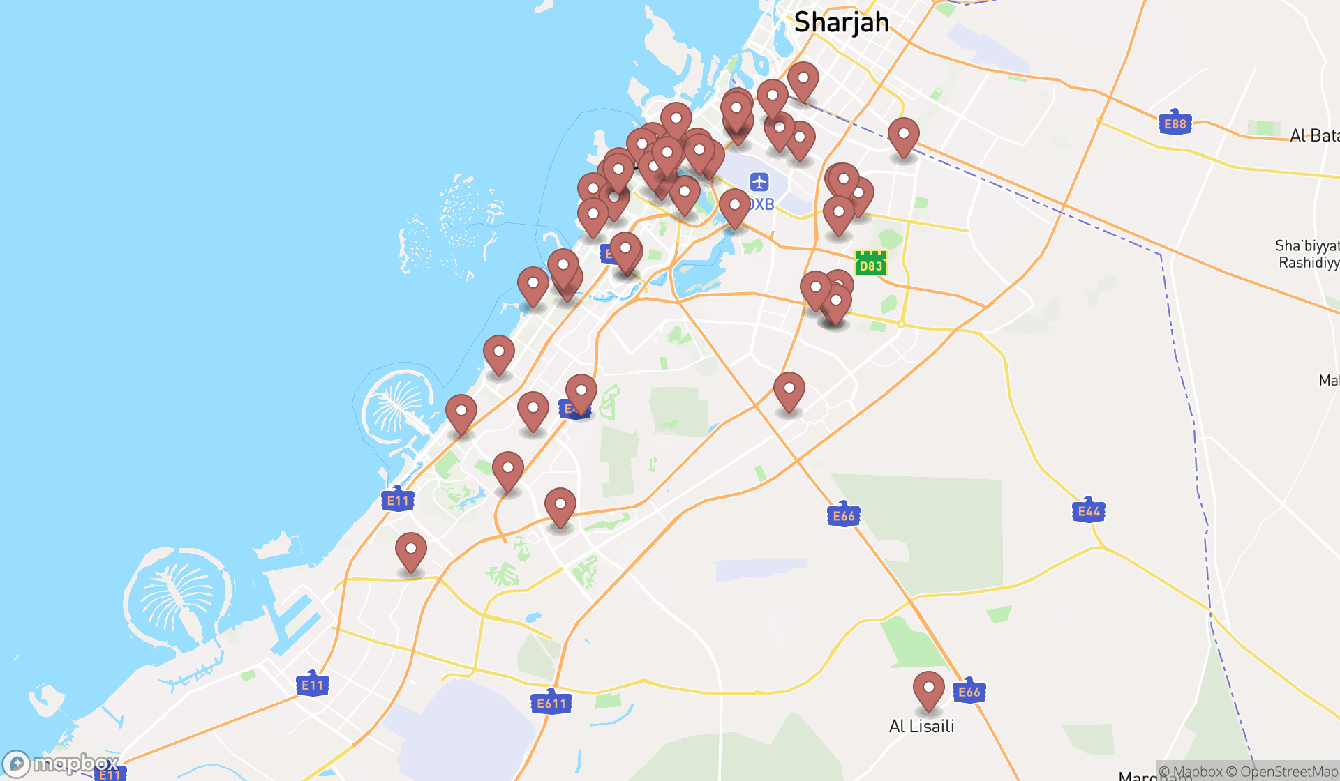 Map showing the search results in Dubai
