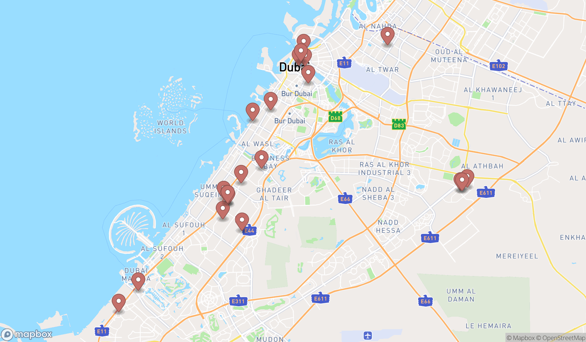 Map showing the search results in Dubai