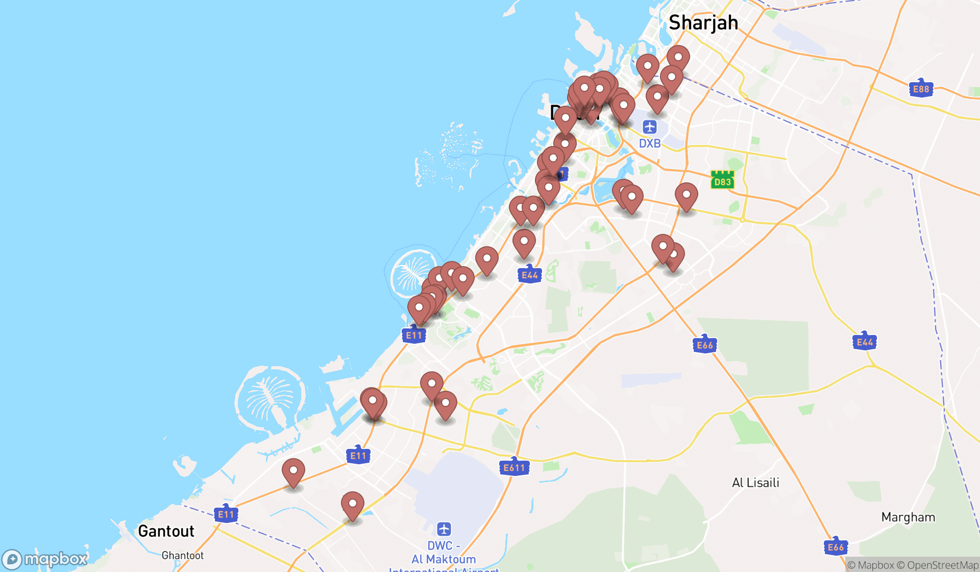 Map showing the search results in Dubai