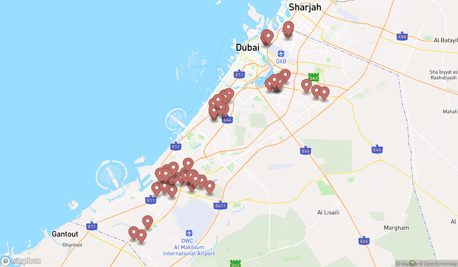 Map showing the search results in Dubai